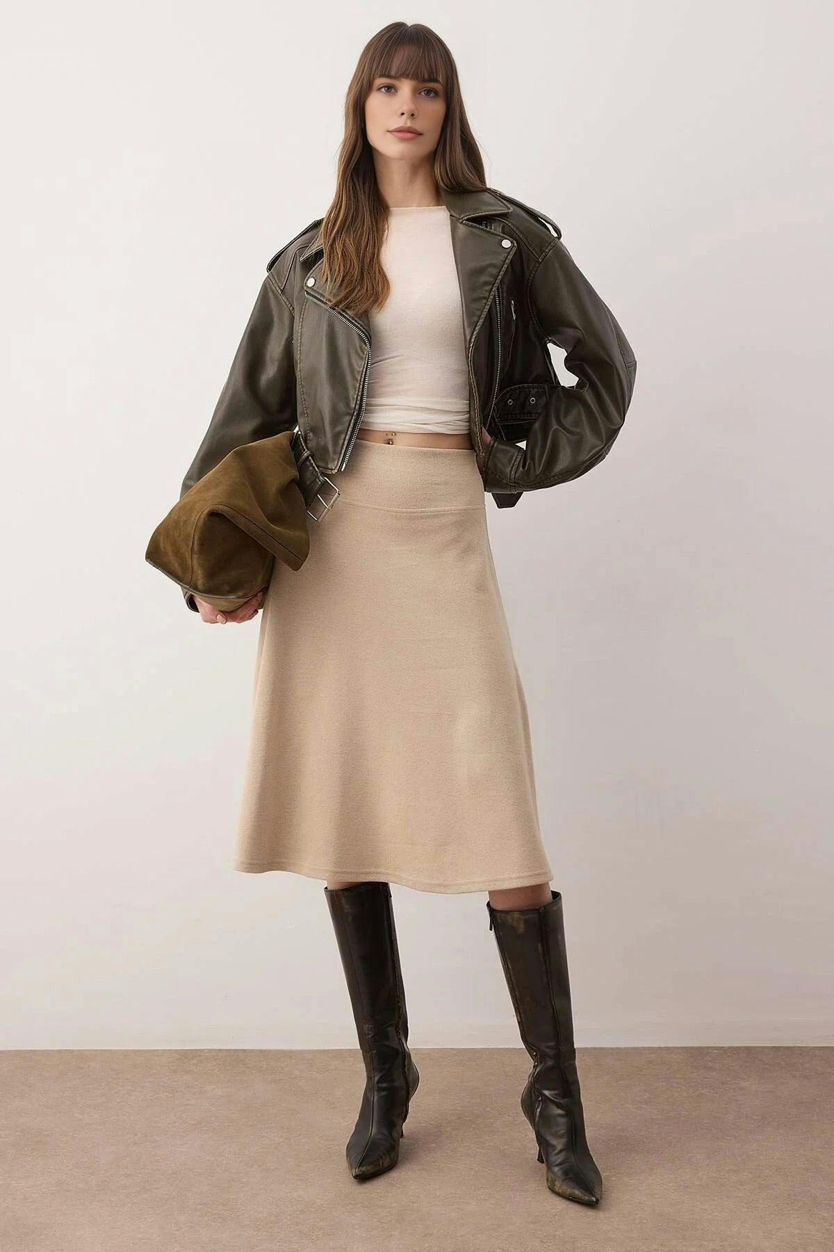 Wovcor Beige A-Line Midi Knit Skirt - S