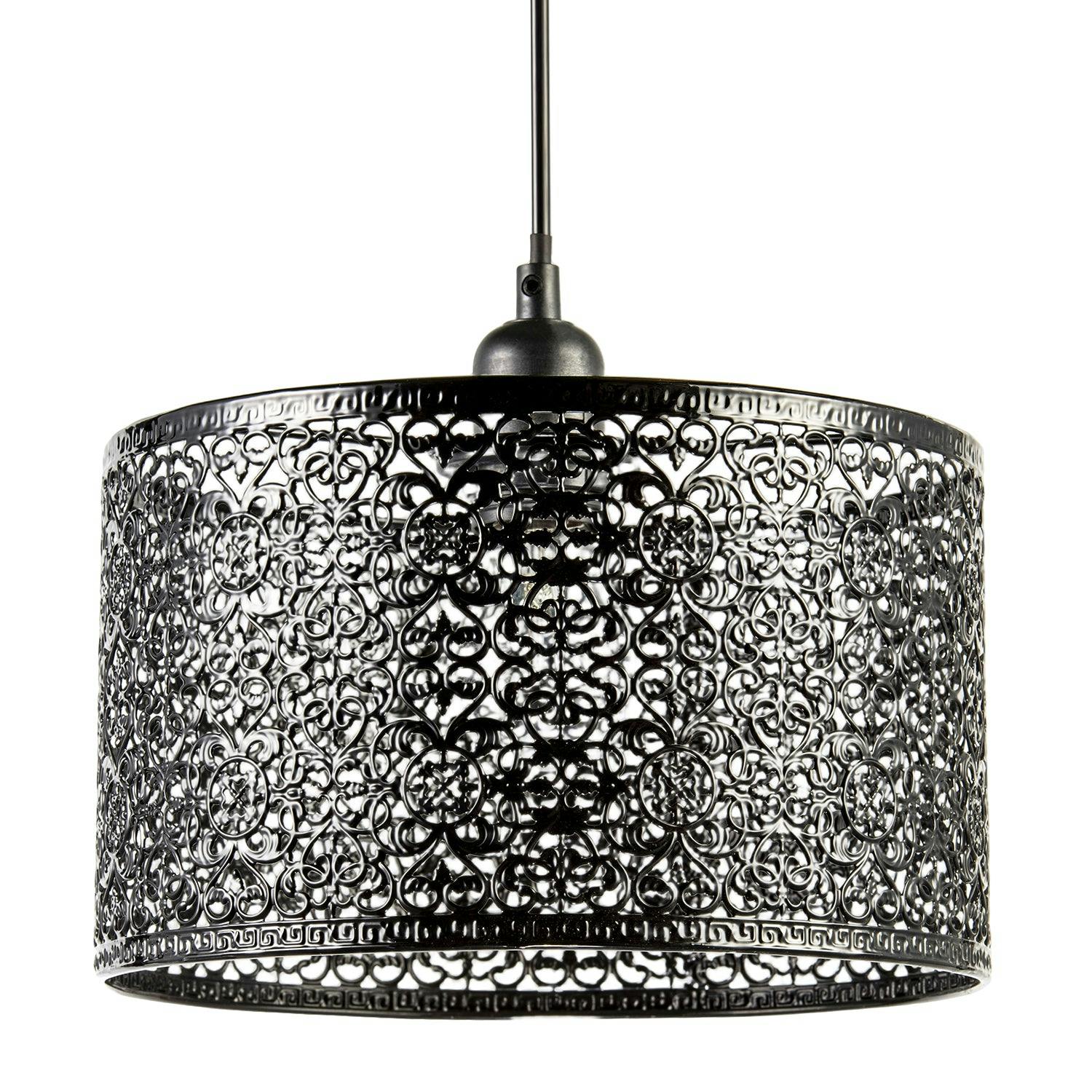 Happy Homewares Black Ornate Moroccan Style Decorated Gloss Metal Pendant Lamp Shade