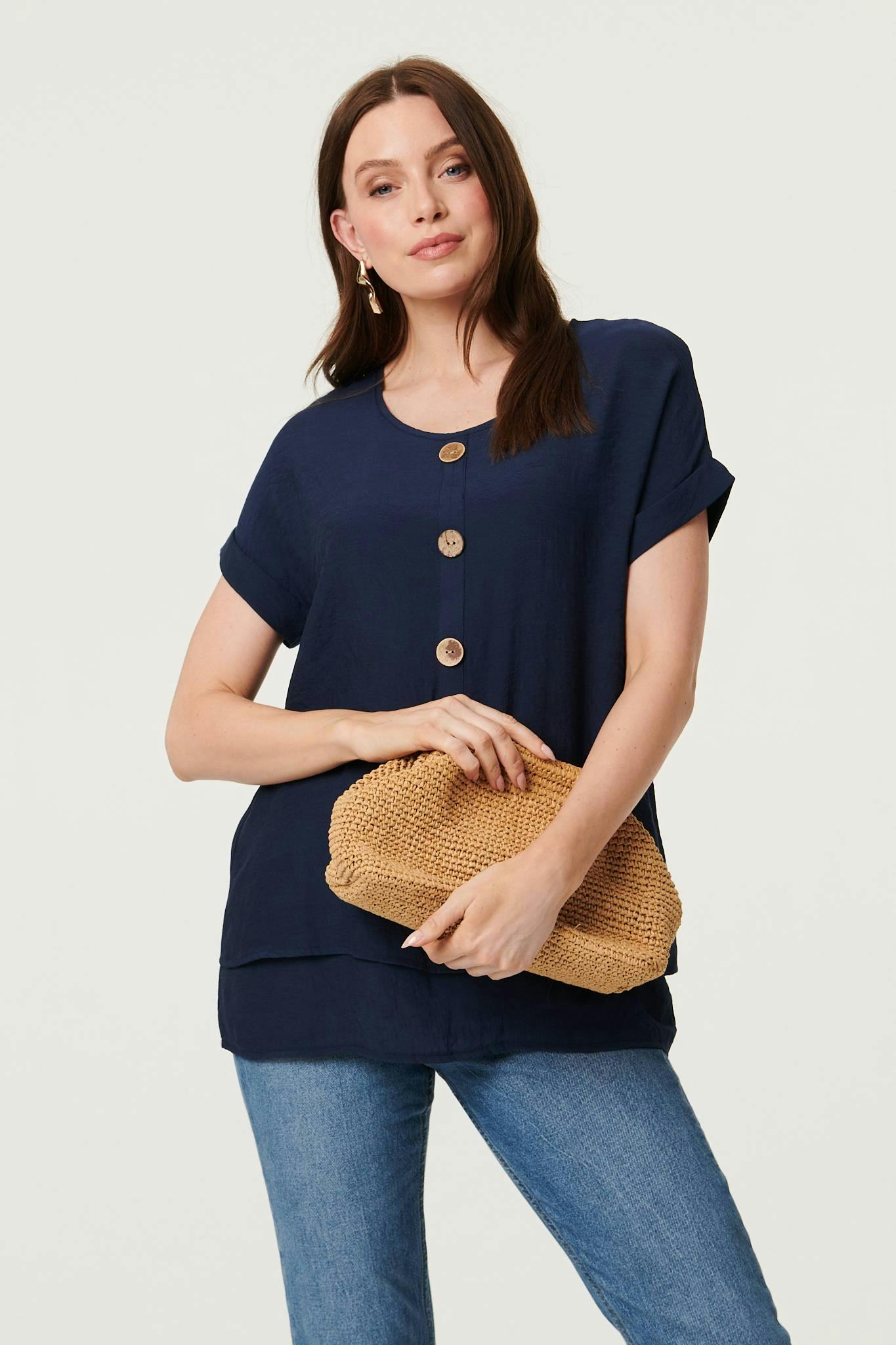 Izabel London Layered Hem Short Sleeve Tunic Top - 10 - Navy