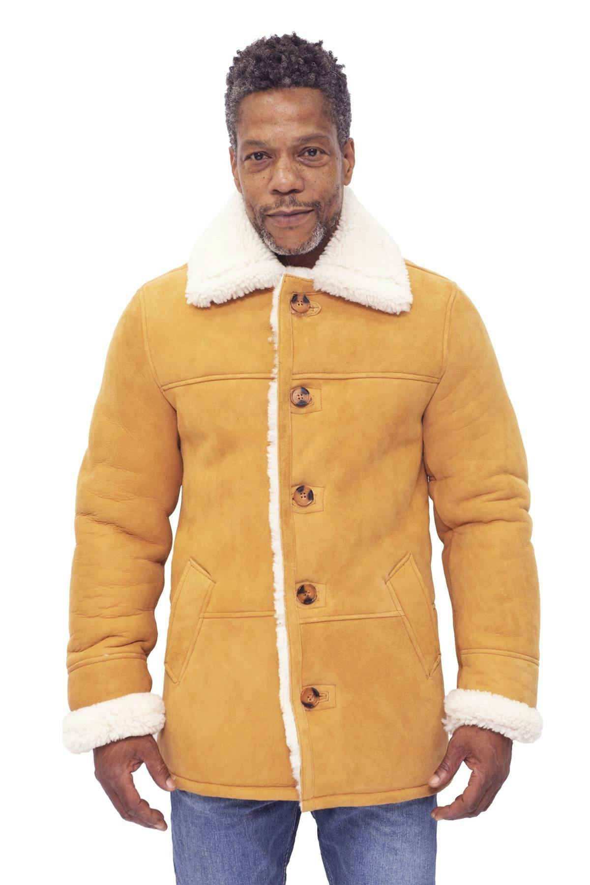 Infinity Leather Men's Classic Sheepskin Car Coat-Auburn - Tan - Uk 2XL | Eu 54 | Us 44