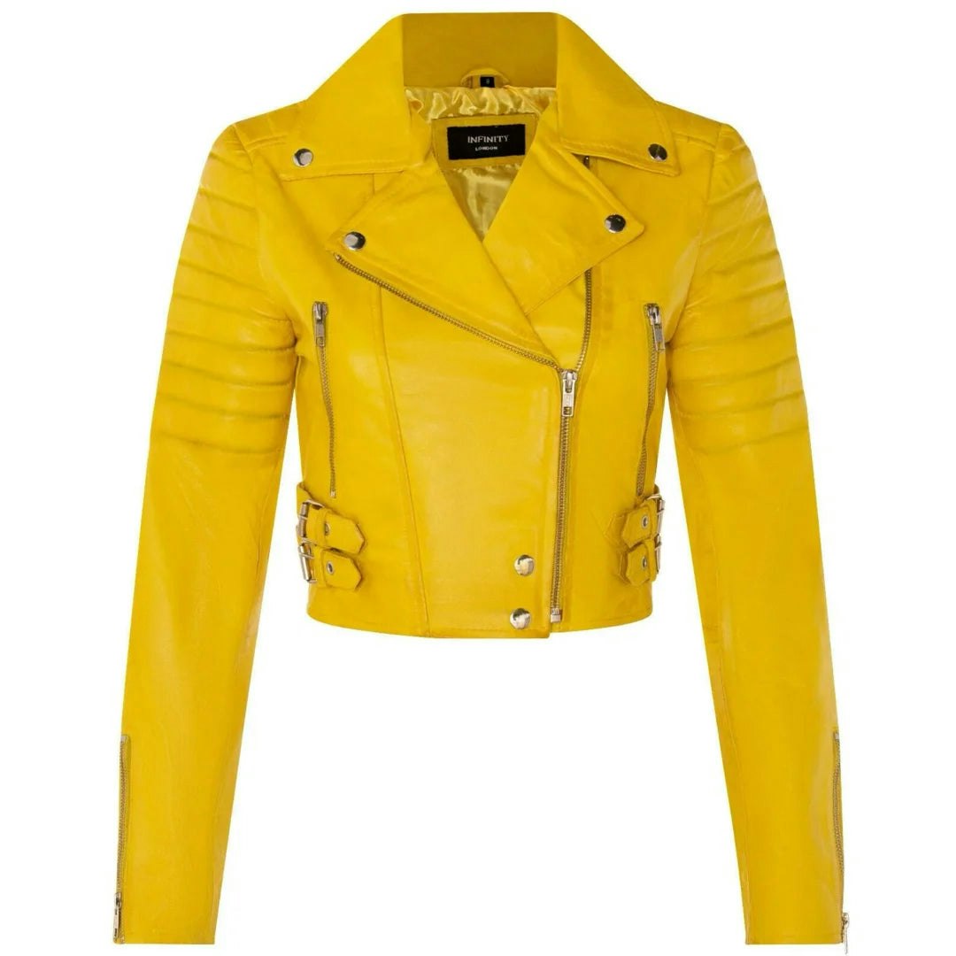 Infinity Leather Women's Yellow Real Leather Short Cropped Length Biker Jacket - Uk 20