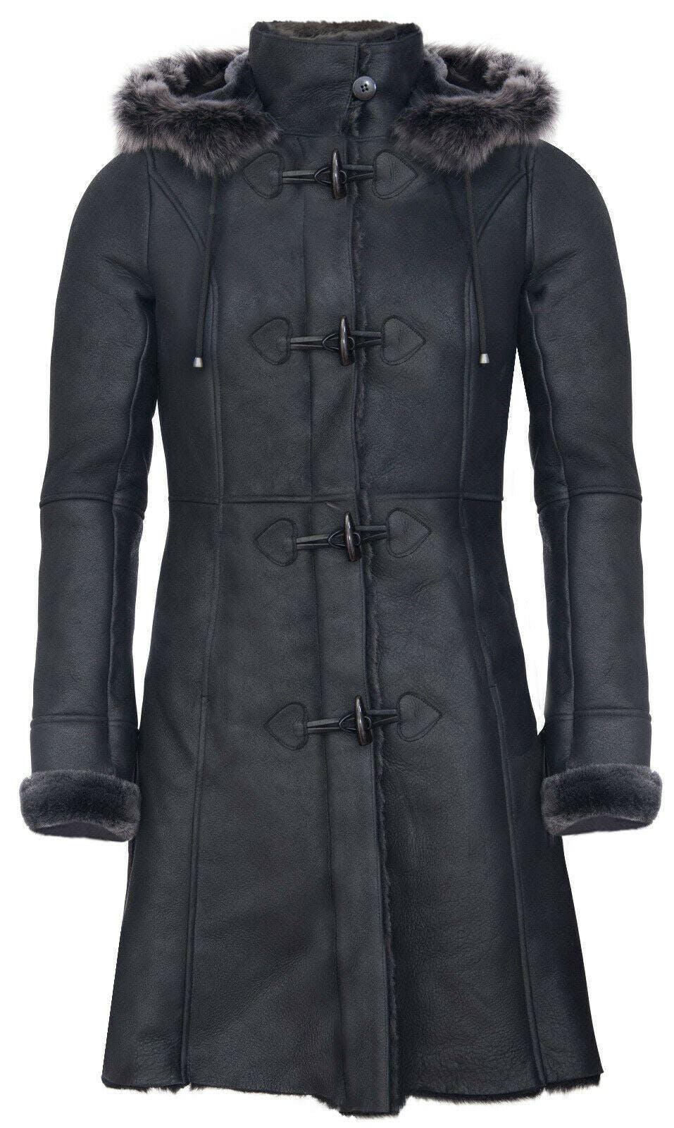 Infinity Leather Women's Black Sheepskin Hooded Duffle Coat-Ottawa - Uk L/14 | Eu 40 | Us 10