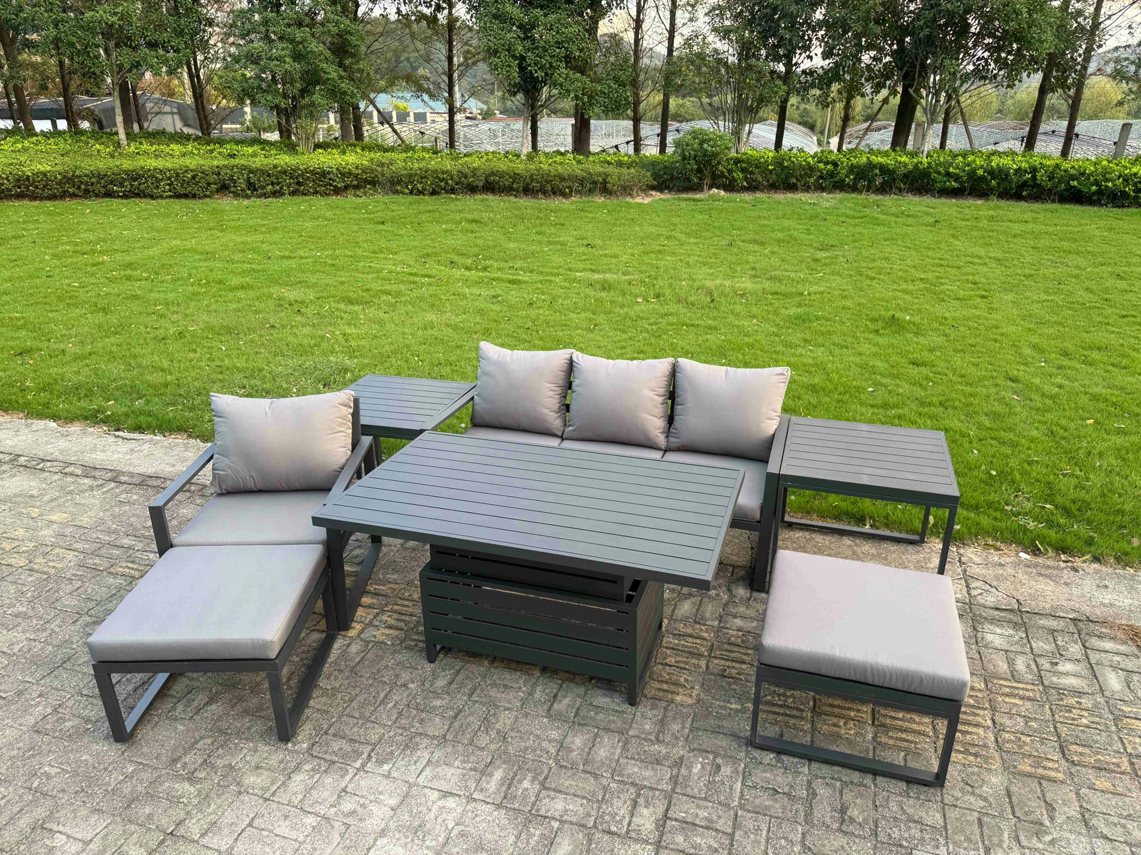 Rackhams Dark/Grey 6 Seater Aluminium Garden Furniture Set With Adjustable Rising Dining Table, 2 Side Tables
