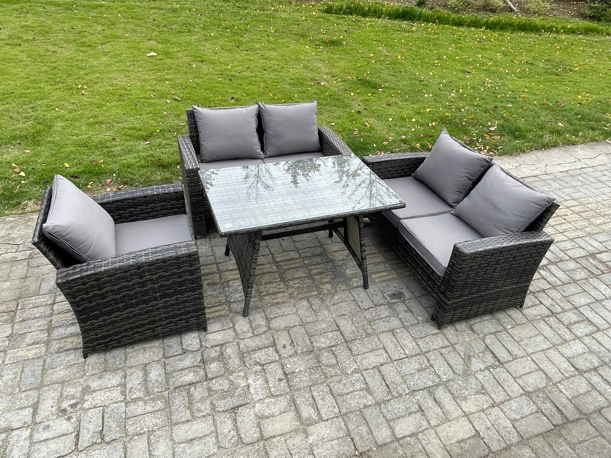 Fimous Dark/Grey 5 Seater Wicker Pe Rattan Garden Dining Set Outdoor Furniture Sofa With Rectangular Dining Table Double Seat Sofa Mixed