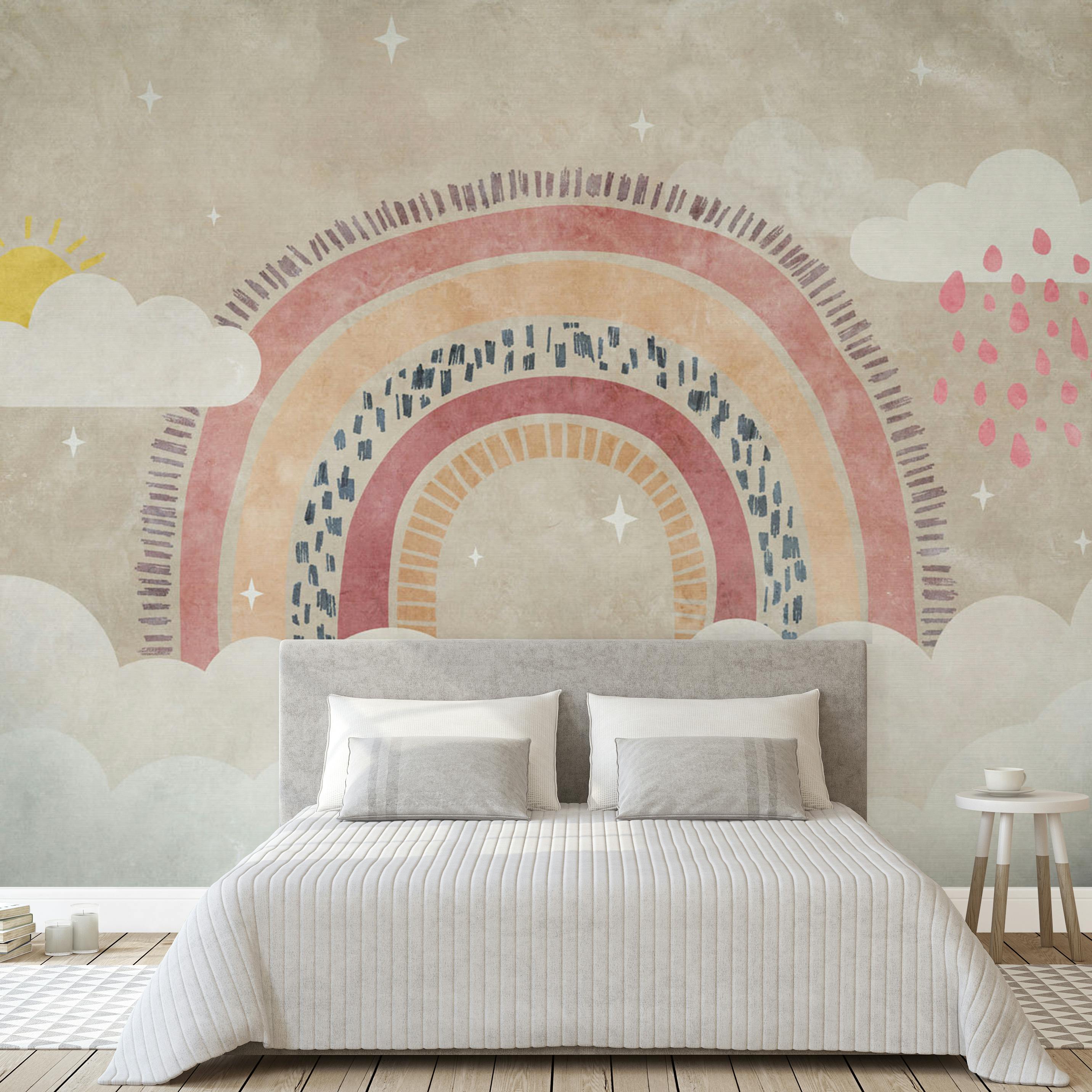 Grandeco Pink Rainbow And Clouds 7 Panel Wallpaper Mural 3.71 X 2.8M, Neutral