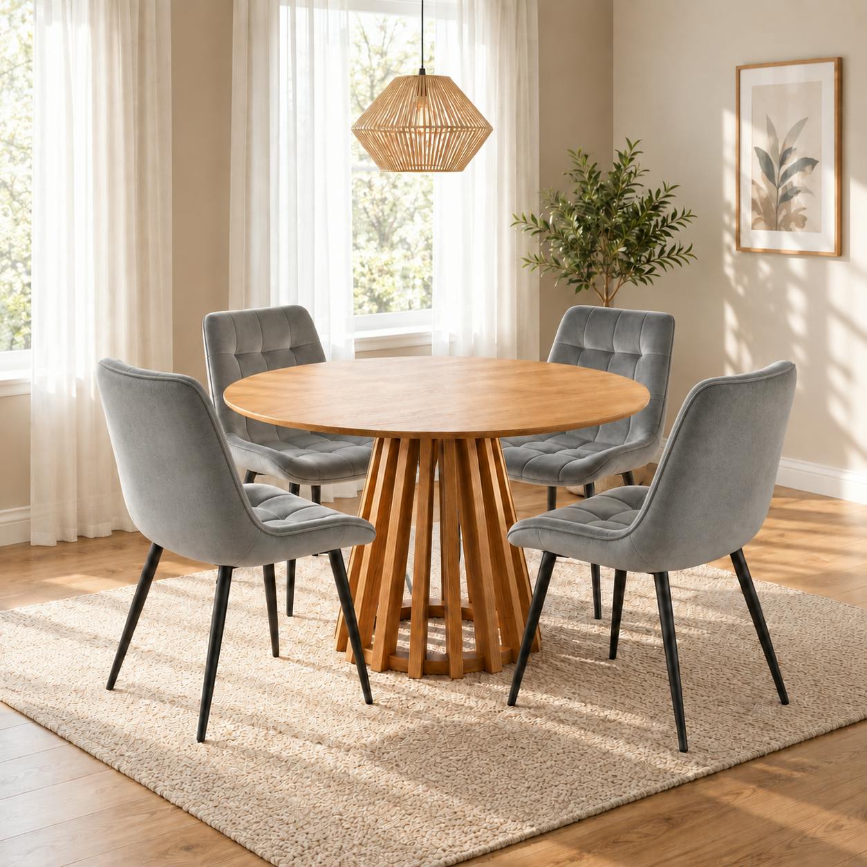 Outdoor Living Grey Kayci Round Oak Dining Table With 4 Erica Chairs