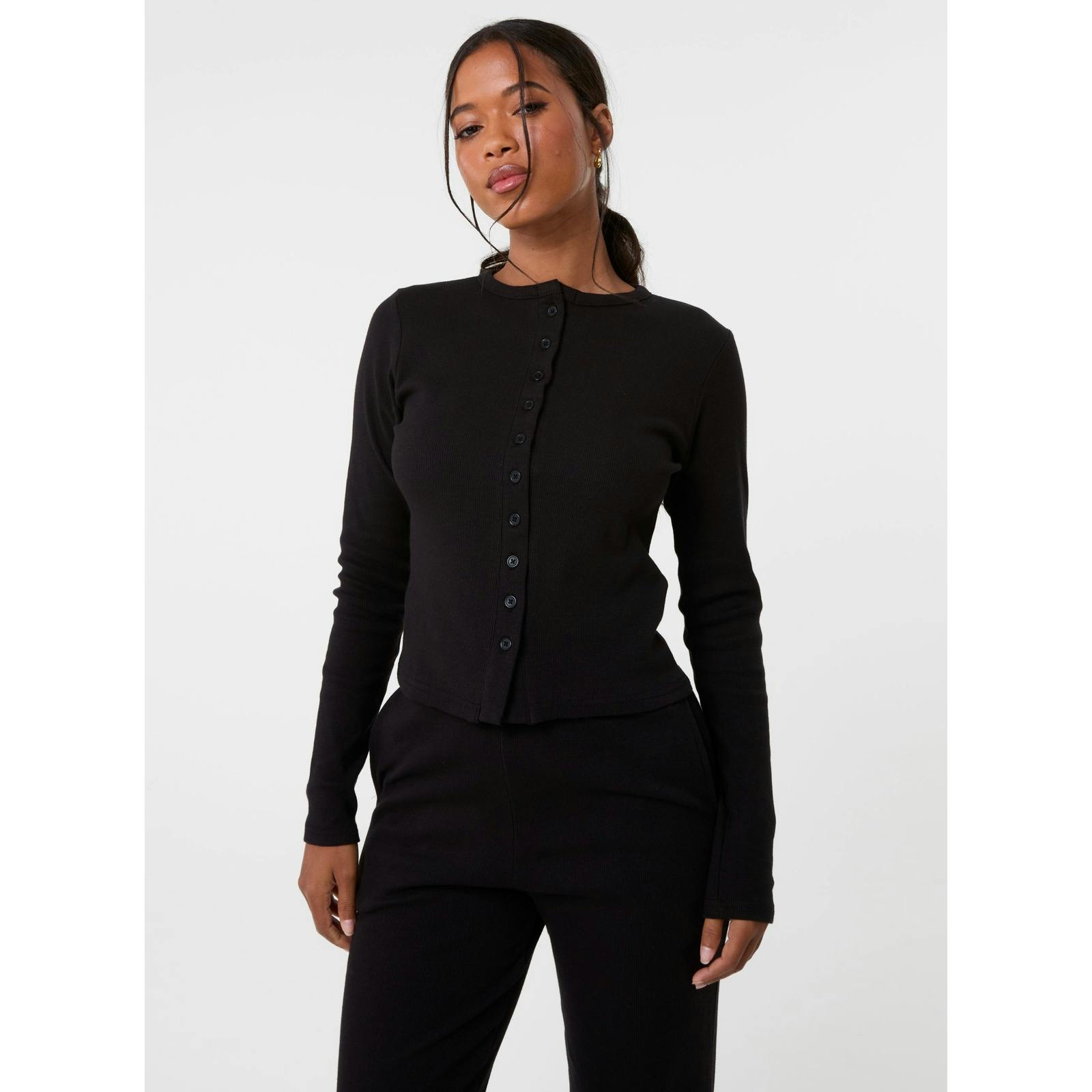 Pink Vanilla Pink/Black Vanilla Ribbed Button Front Top - M