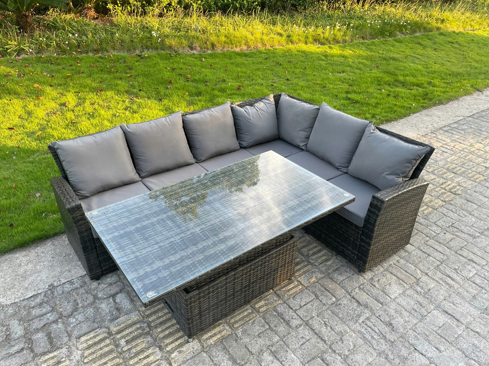 Rackhams Dark/Grey Pe Rattan Corner Garden Furniture High Back Sofa Set Adjustable Rising Lifting Table Set 6 Seater