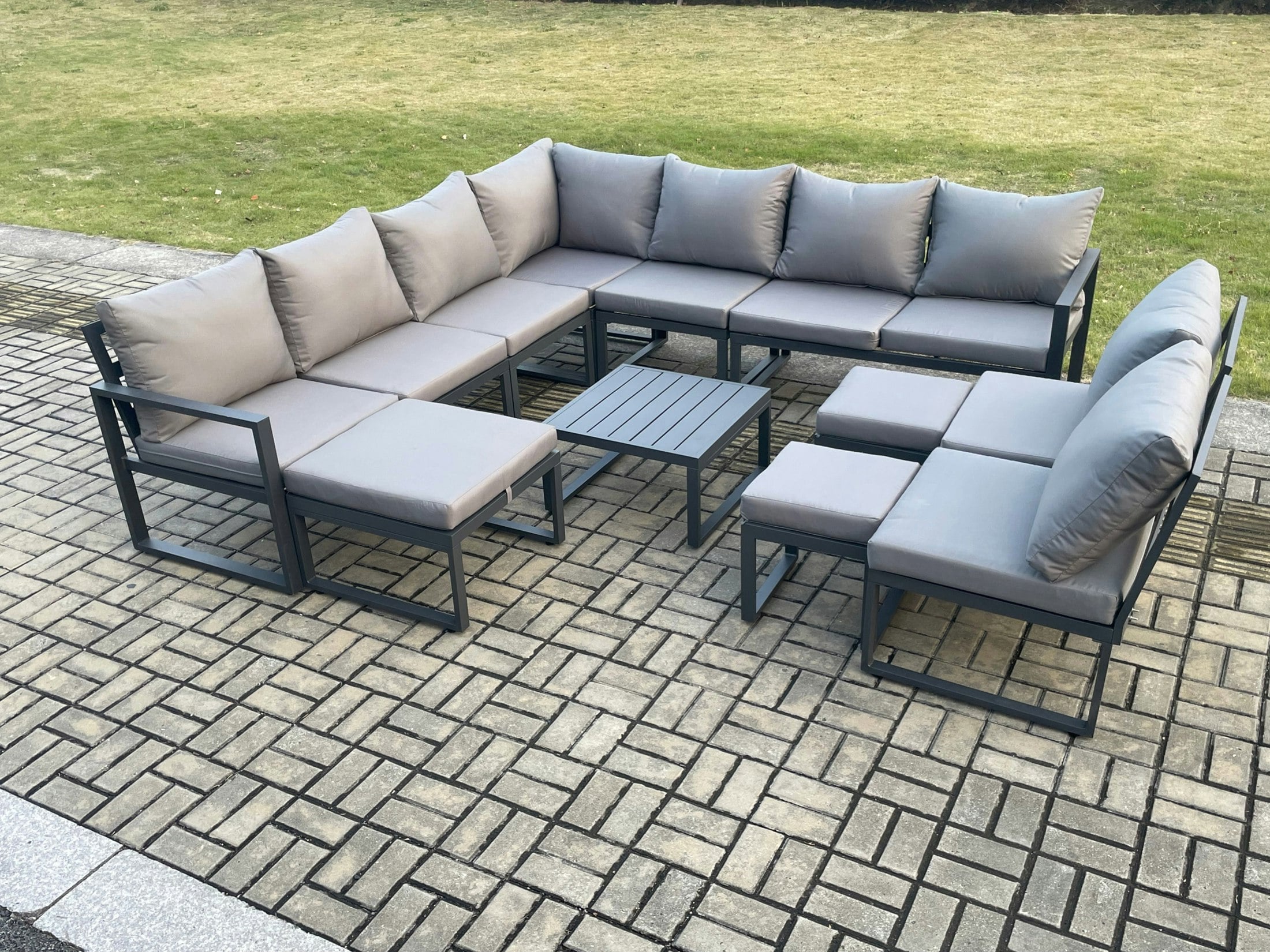 Fimous Dark/Grey 12 Seater Patio Outdoor Garden Furniture Aluminium Lounge Corner Sofa Set With Square Coffee Table With 3 Footstools