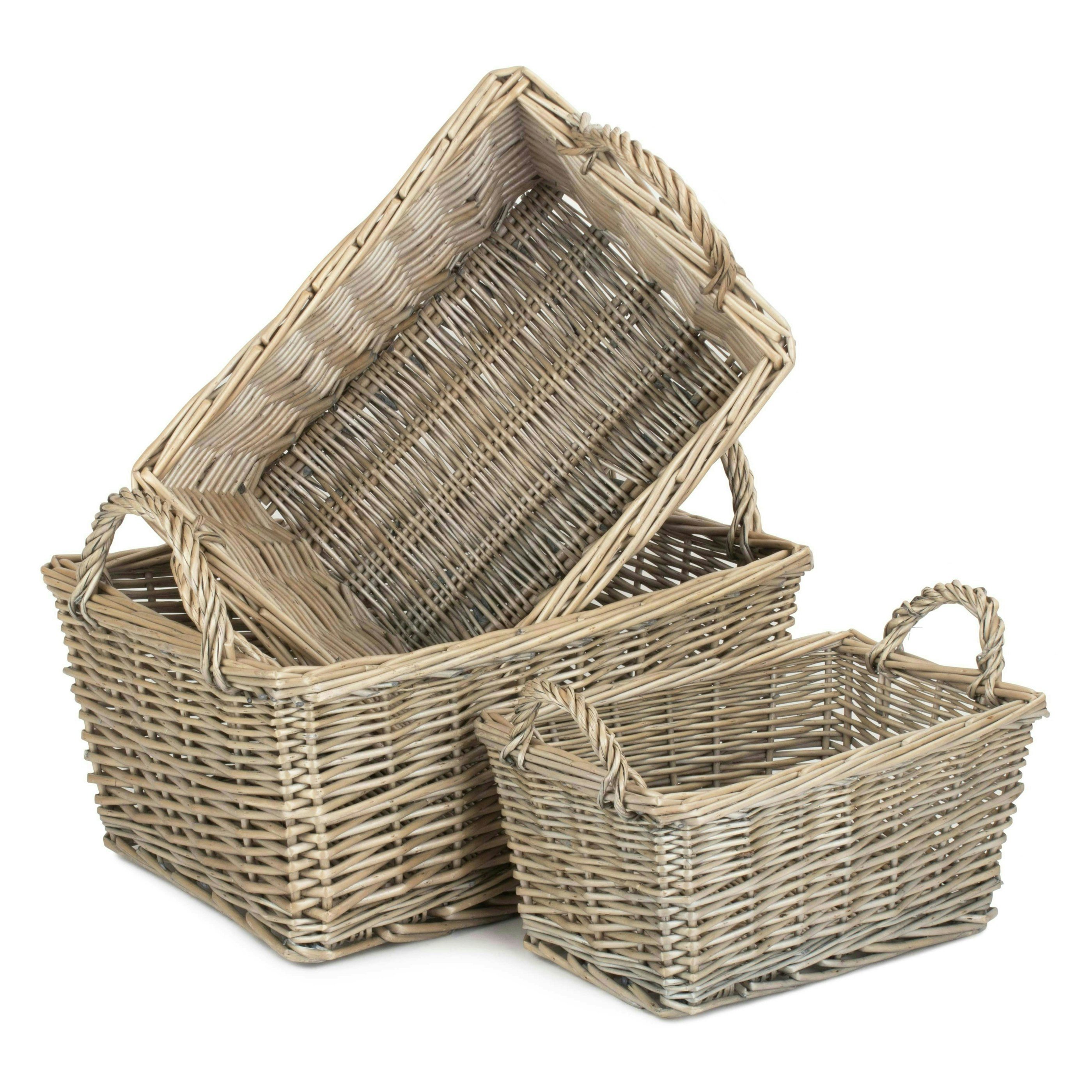 Red Hamper Wicker Antique Wash Finish Handled Unlined Storage Basket - Set Of 3