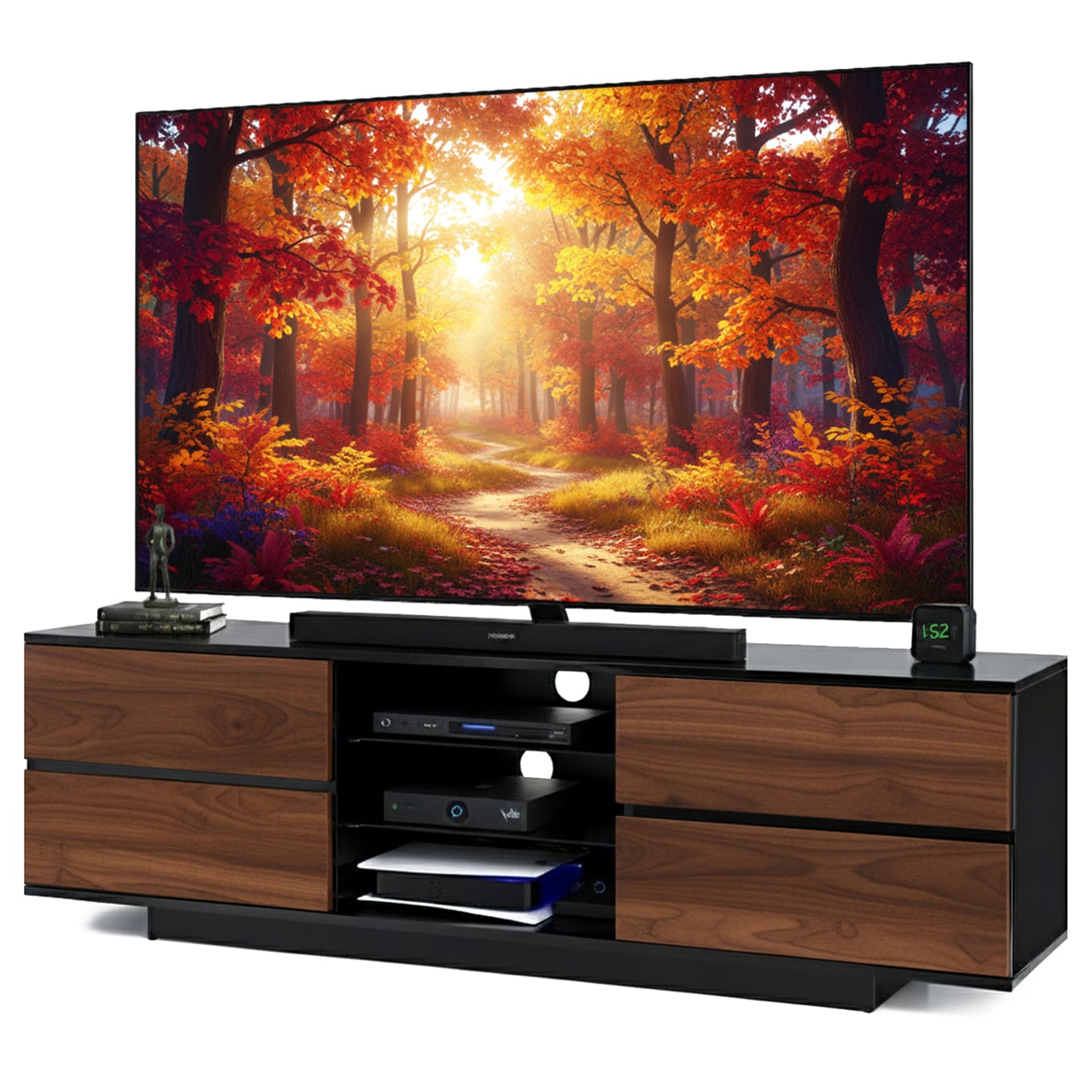 Homeology Black Avitus Premium High Gloss With 4-Walnut Drawers And 3-Shelf 32"-65" Led/Oled/Lcd Tv Cabinet