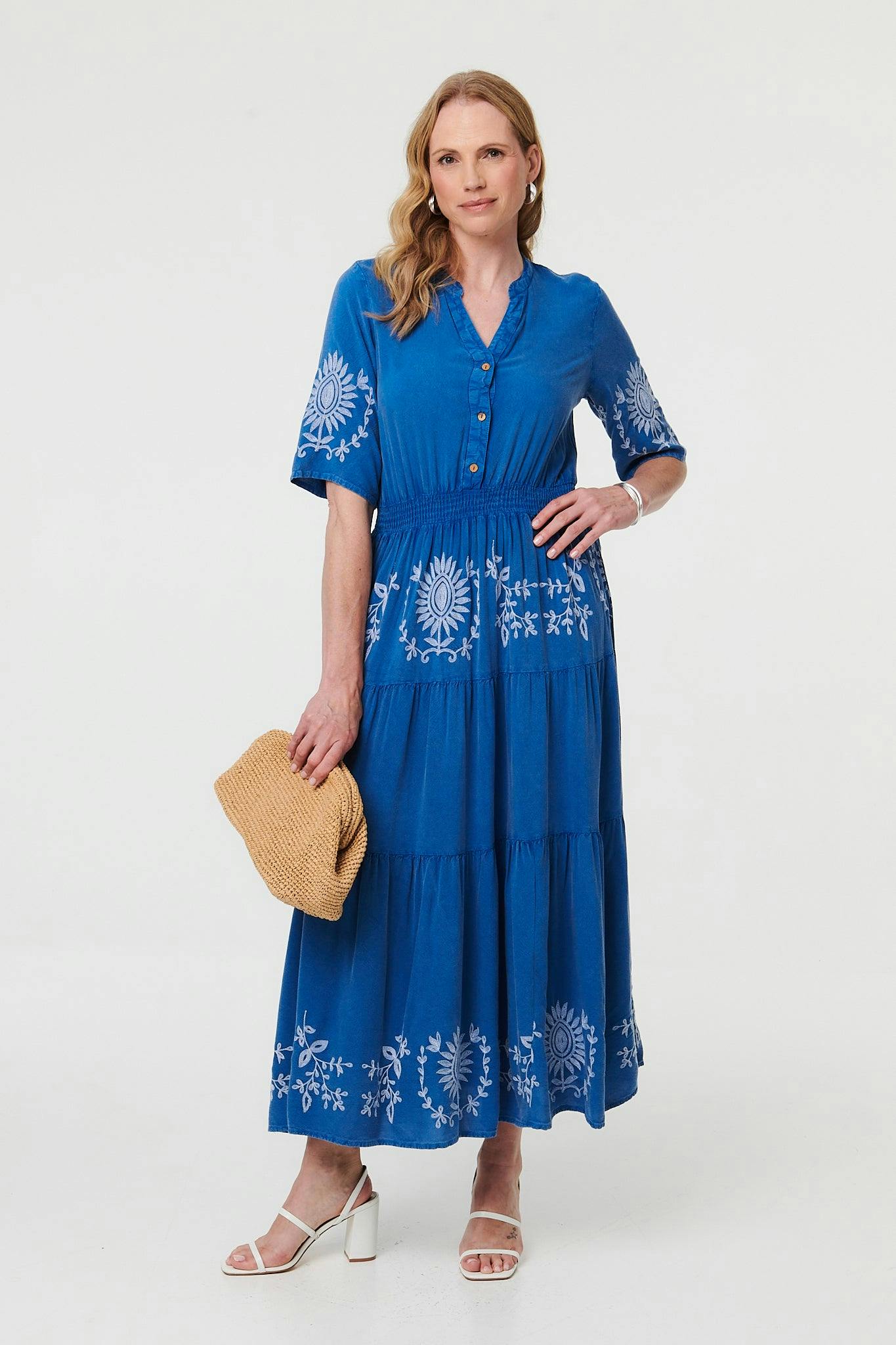 Izabel London Blue Embroidered Tiered 1/2 Sleeve Midi Dress - 8