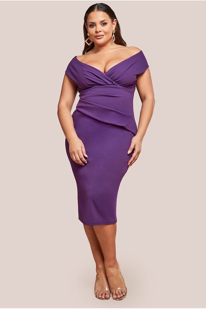 Goddiva Plus Purple Scuba Bardot Pleated Midi Dress - By - 24