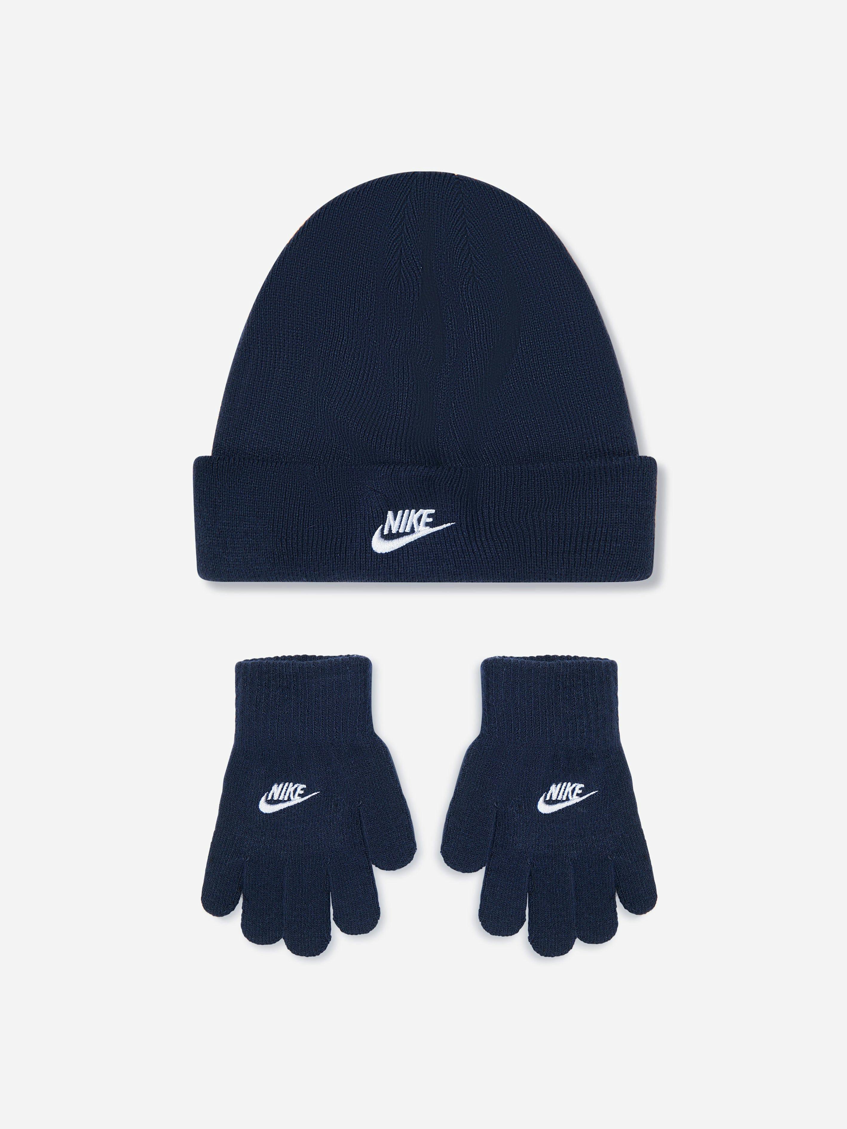 Nike Boys Blue Futura Beanie Hat And Gloves Set In Navy - 4 - 7 Yrs