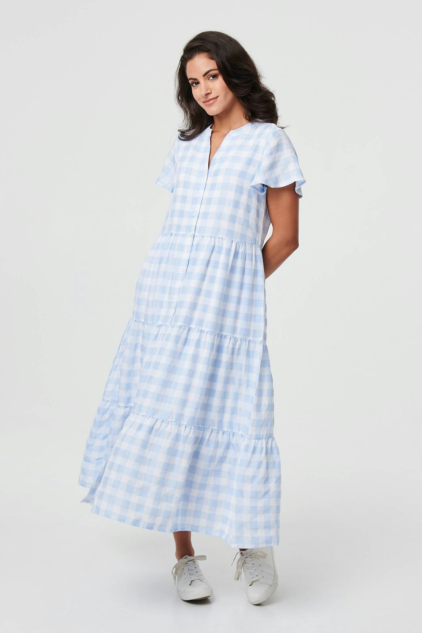 Izabel London Blue Checked Short Sleeve Tiered Maxi Dress - 12