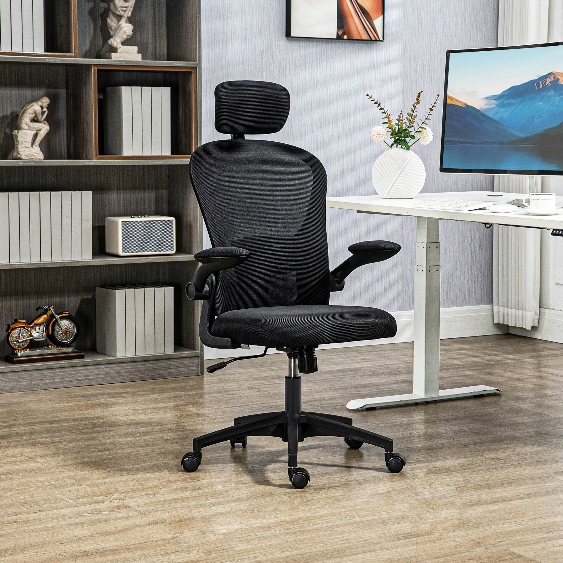 Vinsetto Black Mesh Chair With Headrest, 4D Lumbar Support, Flip-Up Arm,