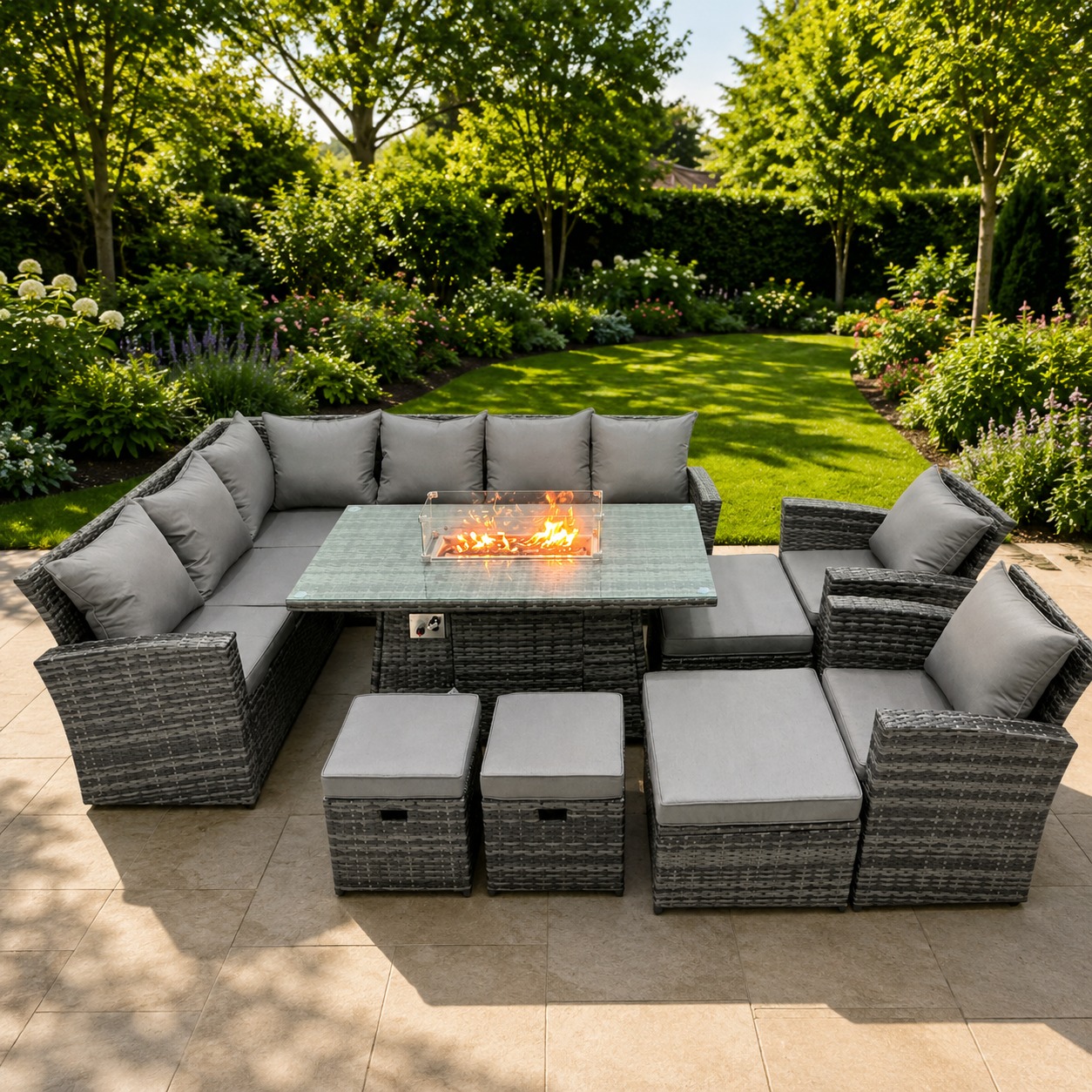 Rackhams Dark/Grey Poly Rattan Outdoor Patio Gas Firpit Dining Table Corner Sofa Set With 4 Stools 2 Chairs For Garden Backyard Mixed