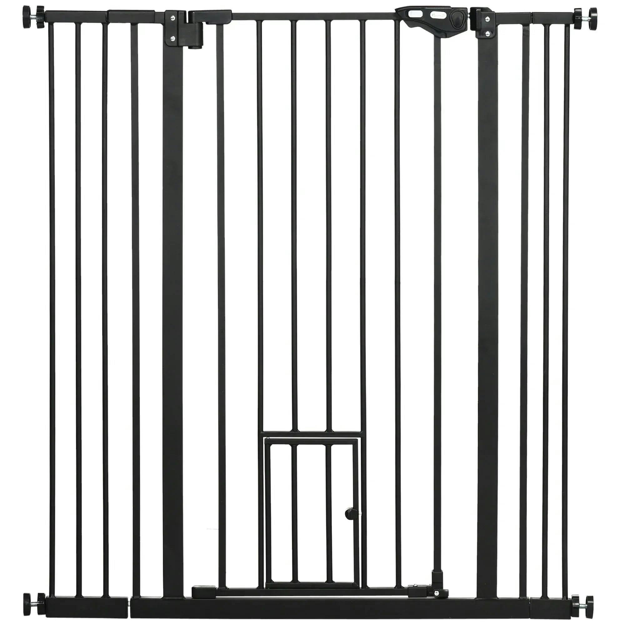PawHut Extra Tall Dog Gate - 104cm H x 74-101cm W - Black - Cat Flap Included - Image 9