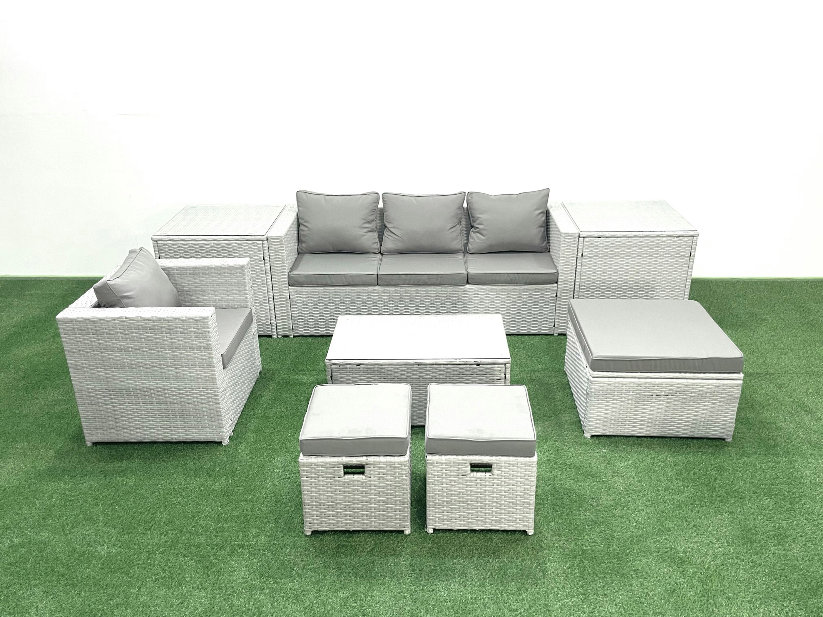 Rackhams Light/Grey 8 Pieces Rattan Garden Furniture Set Outdoor Garden Sofa Chair Coffee Table Set With 2 Side Tables 3 Footstools Mixed