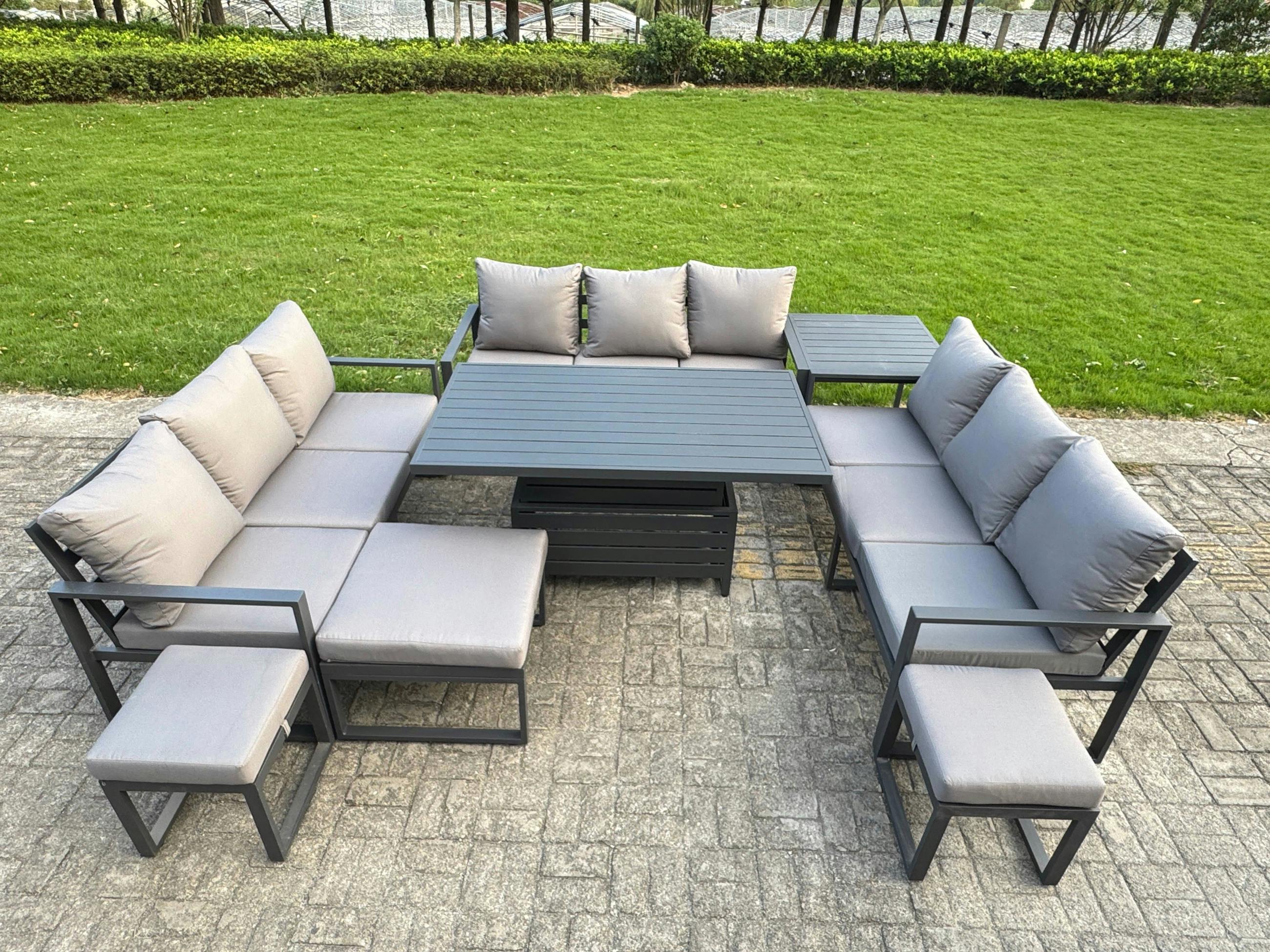 Fimous Grey 12 Seater Aluminum Outdoor Garden Furniture Set With Adjustable Rising Dining Table, 3 Sofas, 3 Footstools & Side Table