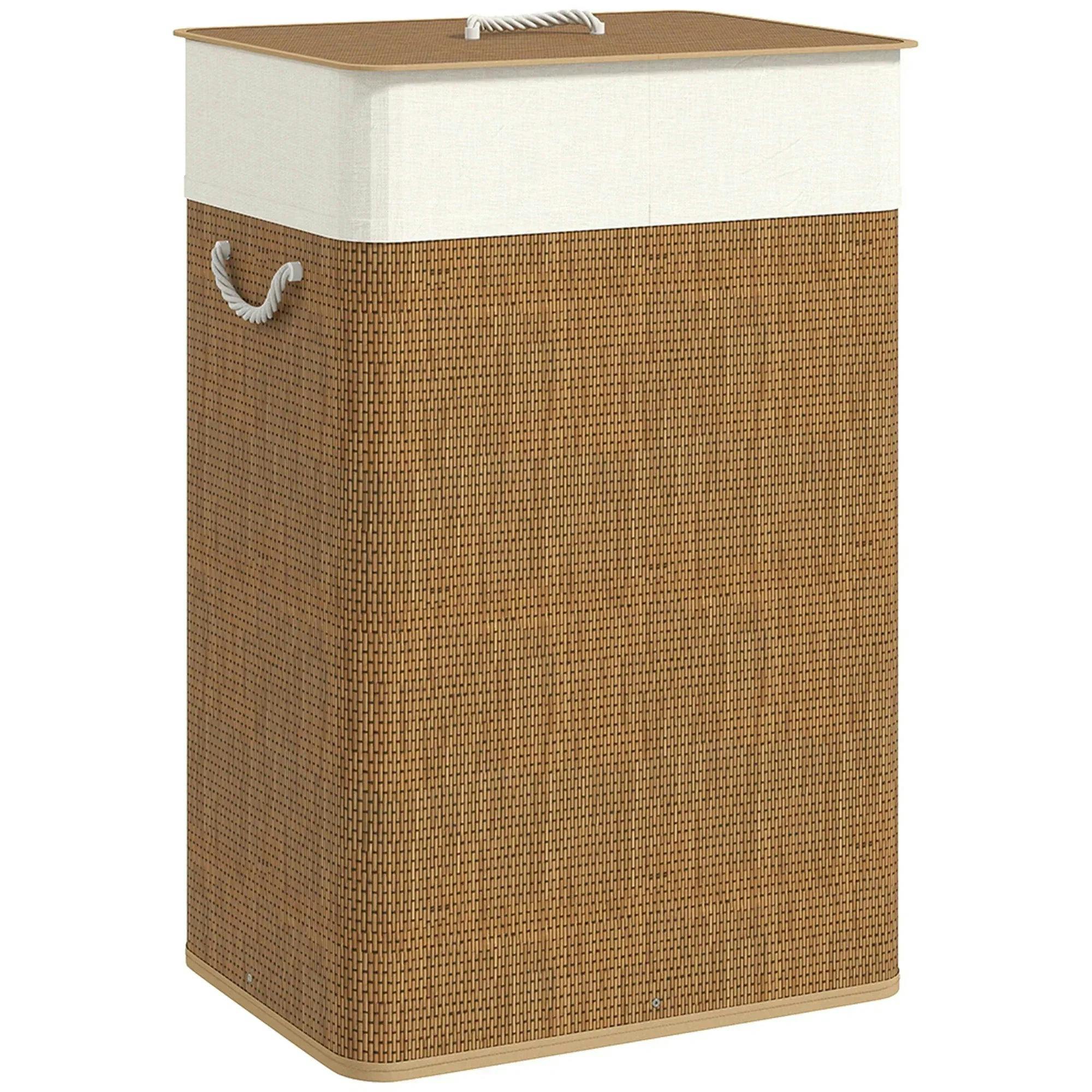 Bobobiy Brown Bamboo Laundry Basket With Lid, 72L Laundry Hamper With Rope Handles, Washing Basket With Removable Washable Liner Bag For Bathroom, Bedroom,