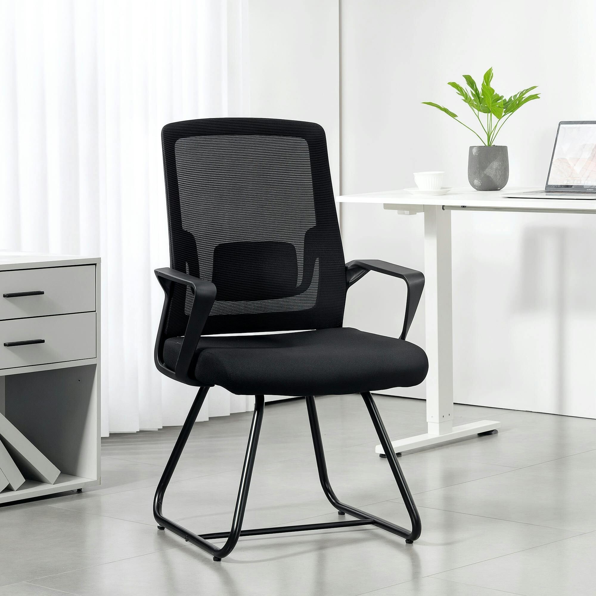 Homcom Black Desk Chair No Wheels, Meeting Chair With Mesh Back For Waiting Room