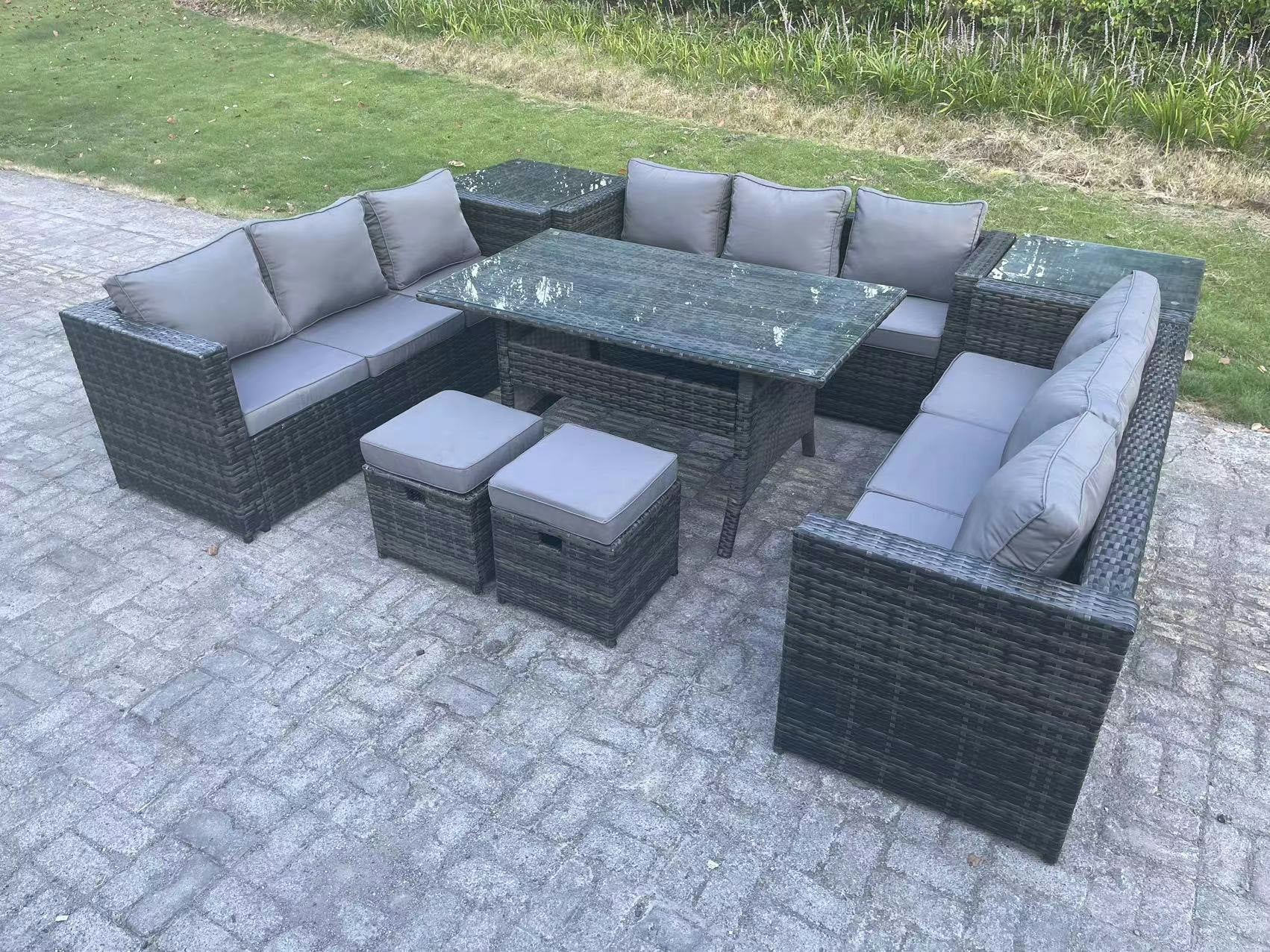 Rackhams Dark/Grey 11-Seater Pe Wicker Rattan Outdoor Lounge Set | Rectangular Dining Table, 2 Footstools, 2 Side Tables