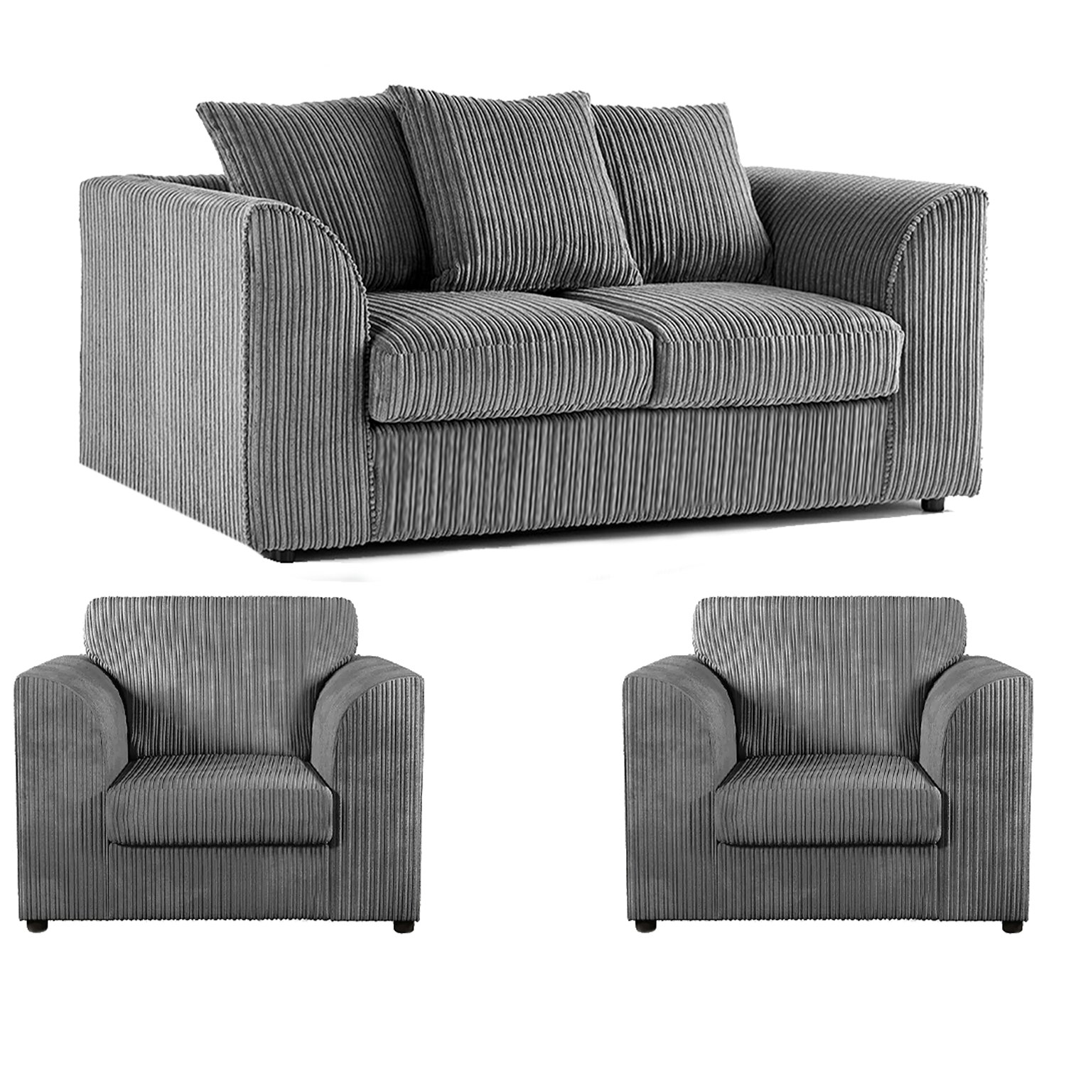 Furnishings For Less Grey Luxor Jumbo Cord 2 Seater And 2 X Armchairs - Scatter Back
