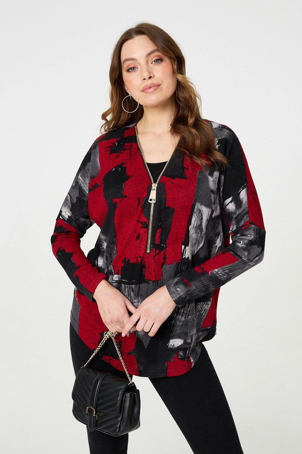 Izabel London Red Abstract Zip Front Long Sleeve Top - 12
