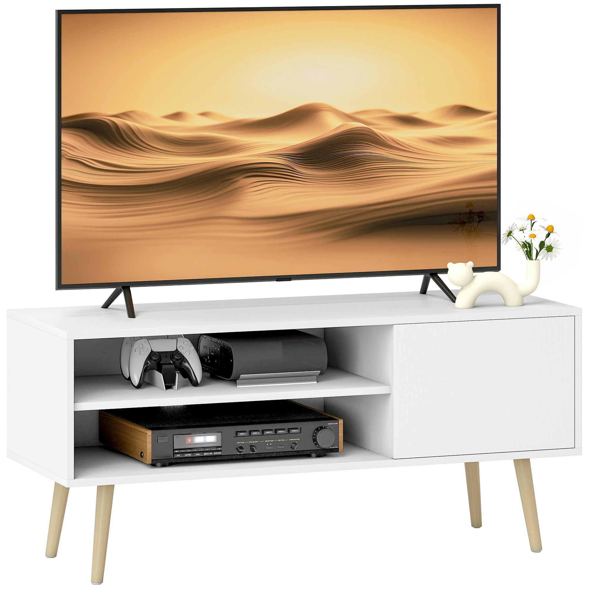 Rackhams White/Brown/Grain Tv Unit Cabinet For Tvs Up To 55Inches With Cupboard Shelves, - Wood - 1
