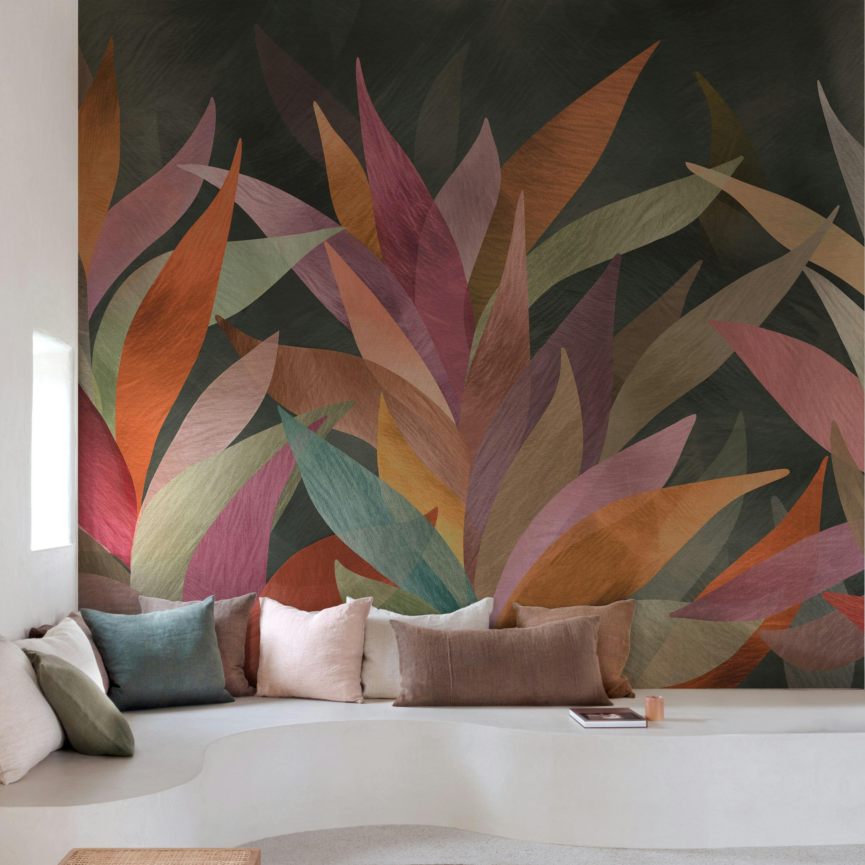 Rackhams Red/Orange/Pink Boutique Mahon Botanical Leaves 5 Lane Repeatable Mural 3.75 X 3M, Multi