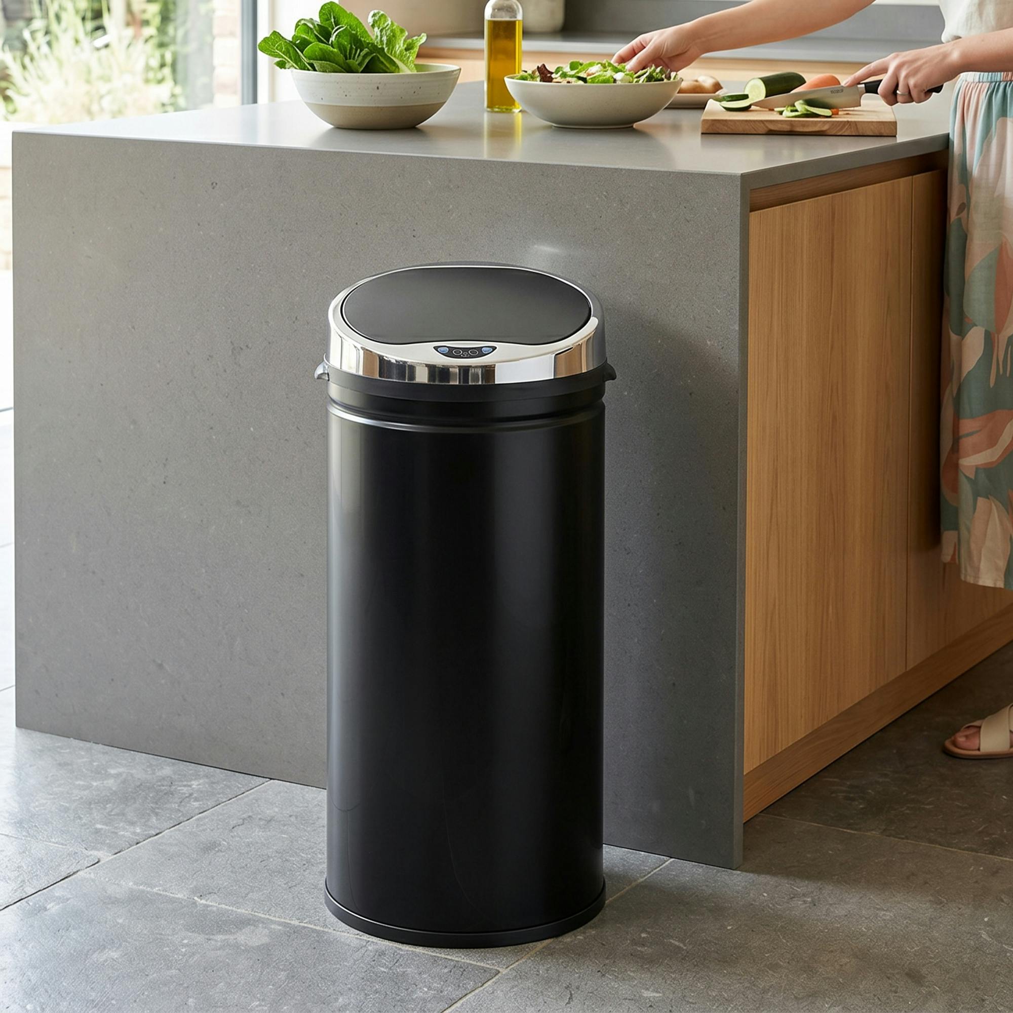Rackhams Black 42L Sensor Bin, Stainless Steel Kitchen Bin With, Soft Close,