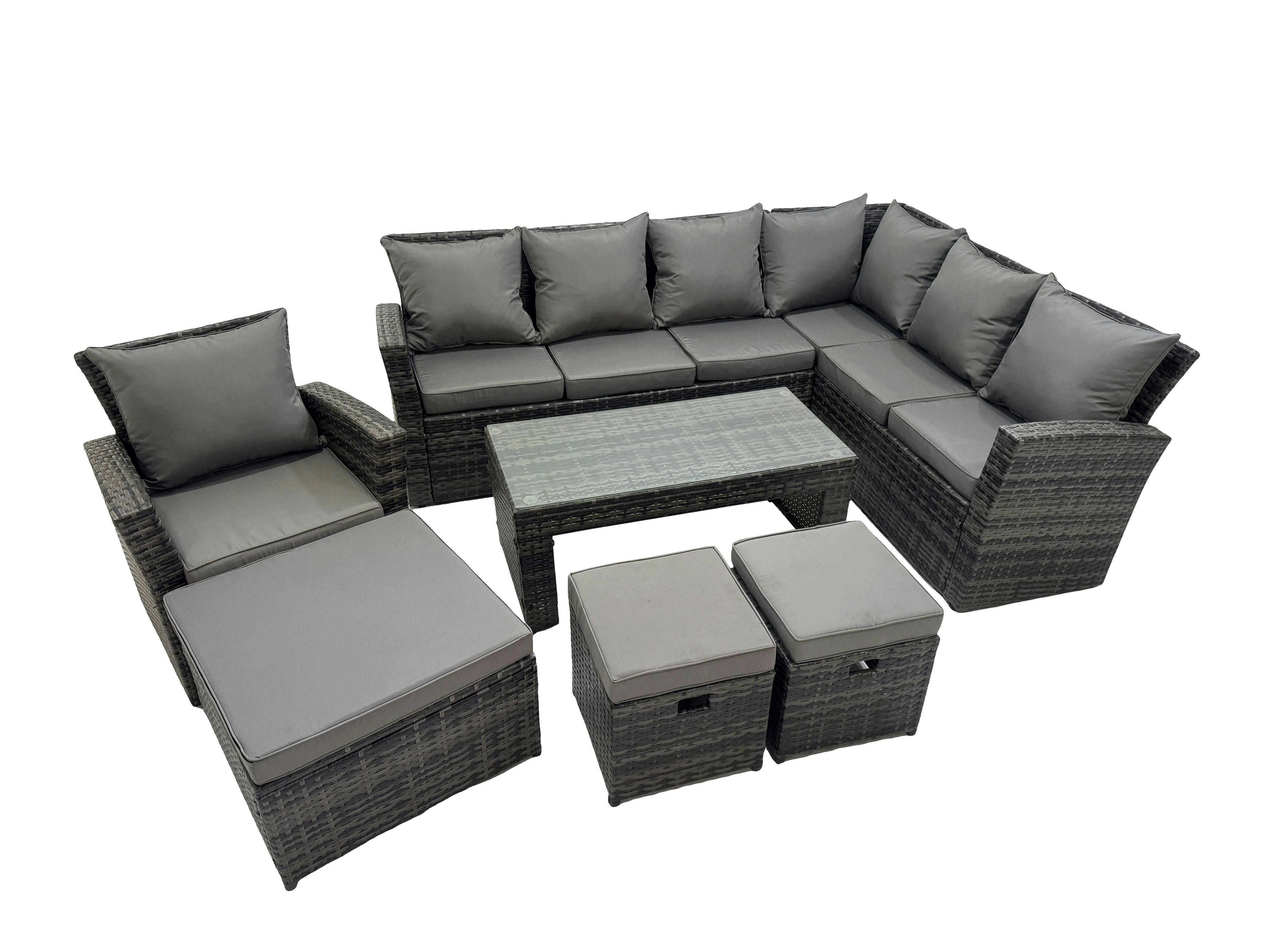 Fimous Dark/Grey Rattan Garden Furniture Set 7 Pieces Outdoor Garden Sofa Oblong Coffee Table Set With Chair 3 Footstools Mixed