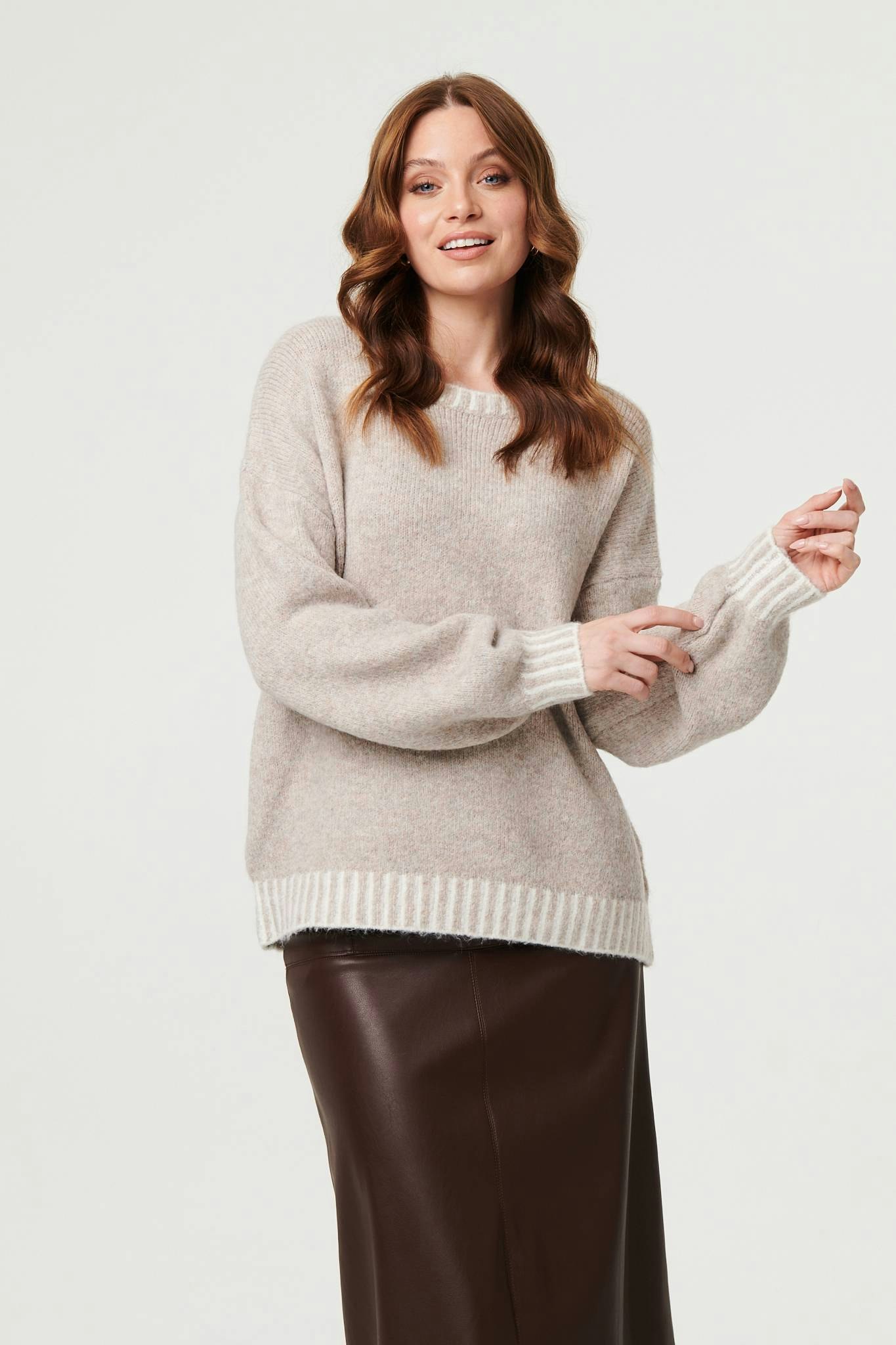 Izabel London Grey Contrast Trim Balloon Sleeve Jumper - S/M