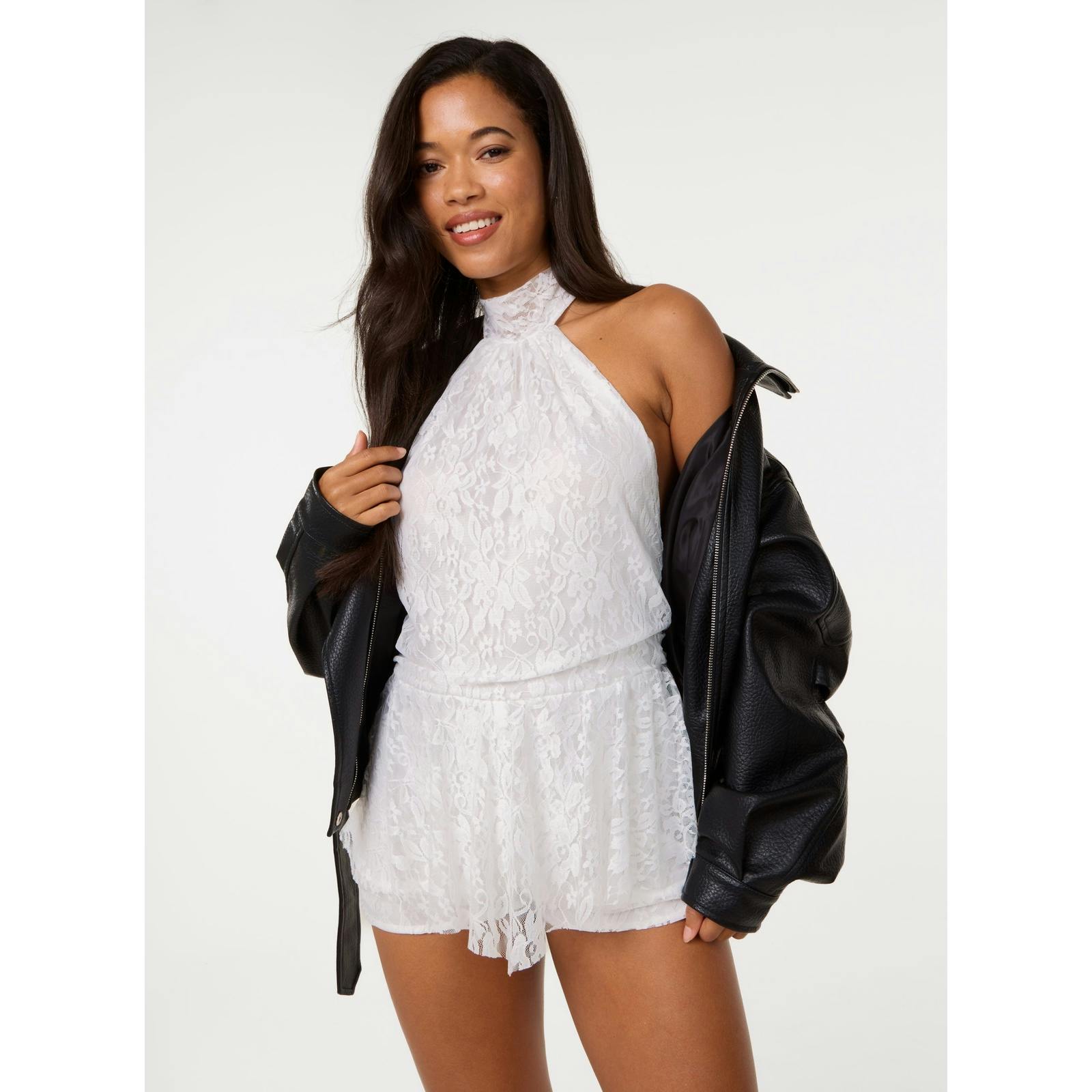 Pink Vanilla Pink/Ivory Vanilla Halter Lace Peplum Playsuit - S