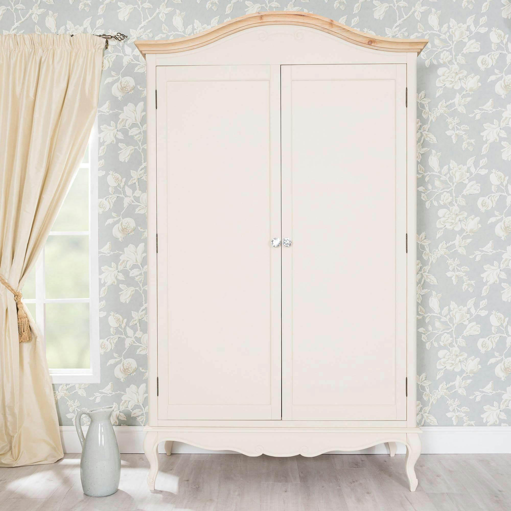 Statement Furniture Cream Juliette Double Wardrobe With Crystal Handles French Style 2 Door Bedroom Storage - Champagne,
