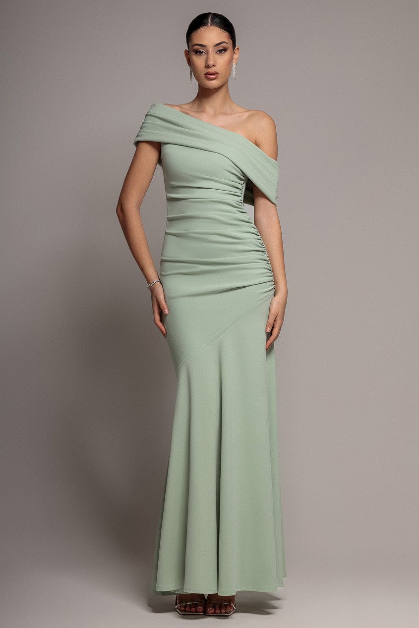 Goddiva Green Pleated One Shoulder Bardot Fit And Flare Maxi Dress - Sage By - Sage - 16