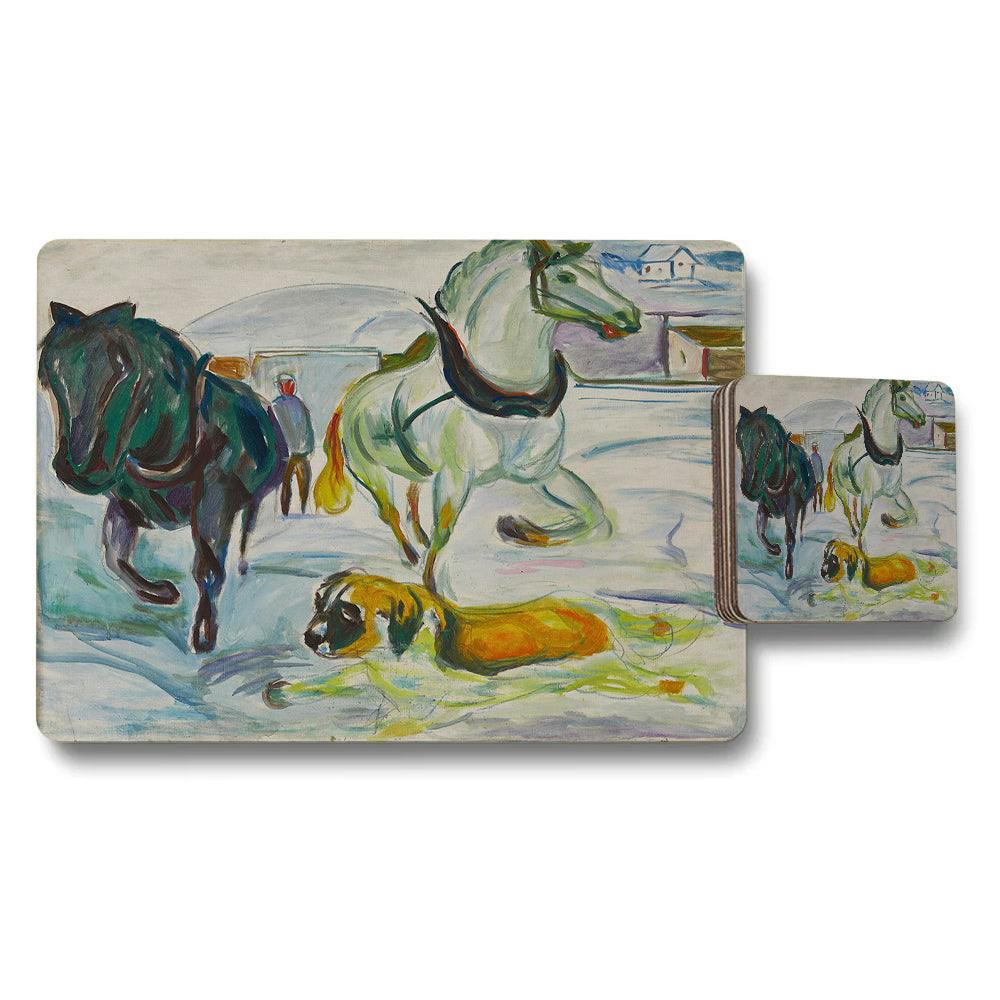 Benjamin Tate Design Horse Scene Placemat Coaster Set In Winter Snow Art