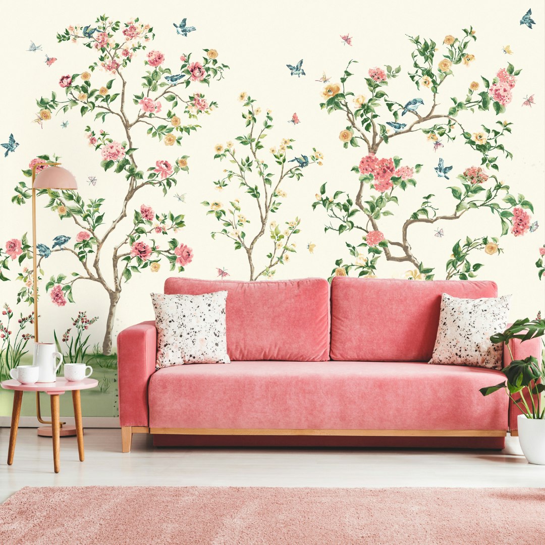 Rackhams Cream Oriental Flower Tree Wall Mural - French Rose