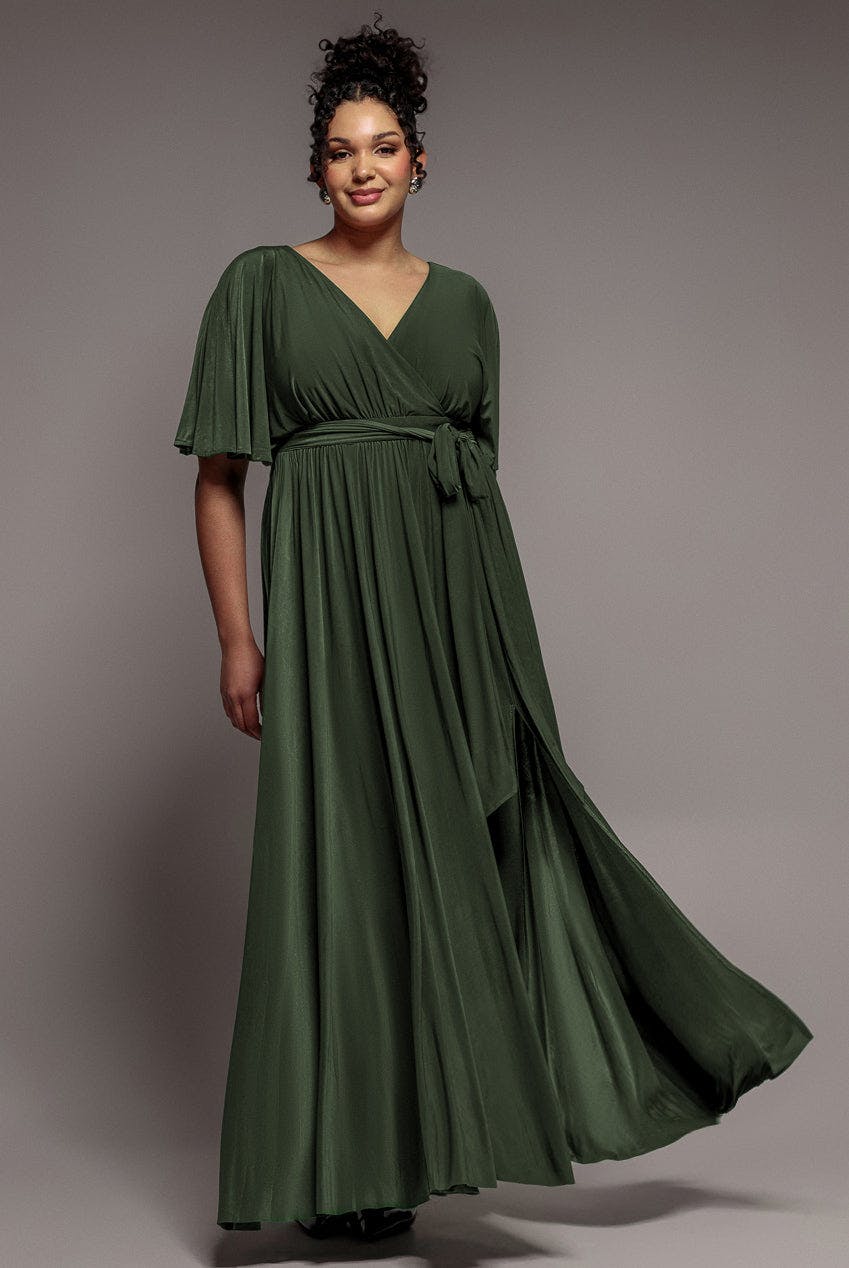 Goddiva Plus Green Wrap Front Maxi With Flutter Sleeves - Olive By - Olive - 24