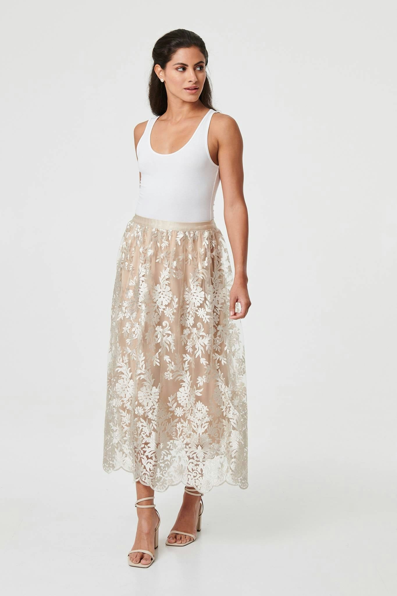 Izabel London Cream Floral Embellished High Waist Midi Skirt - 8