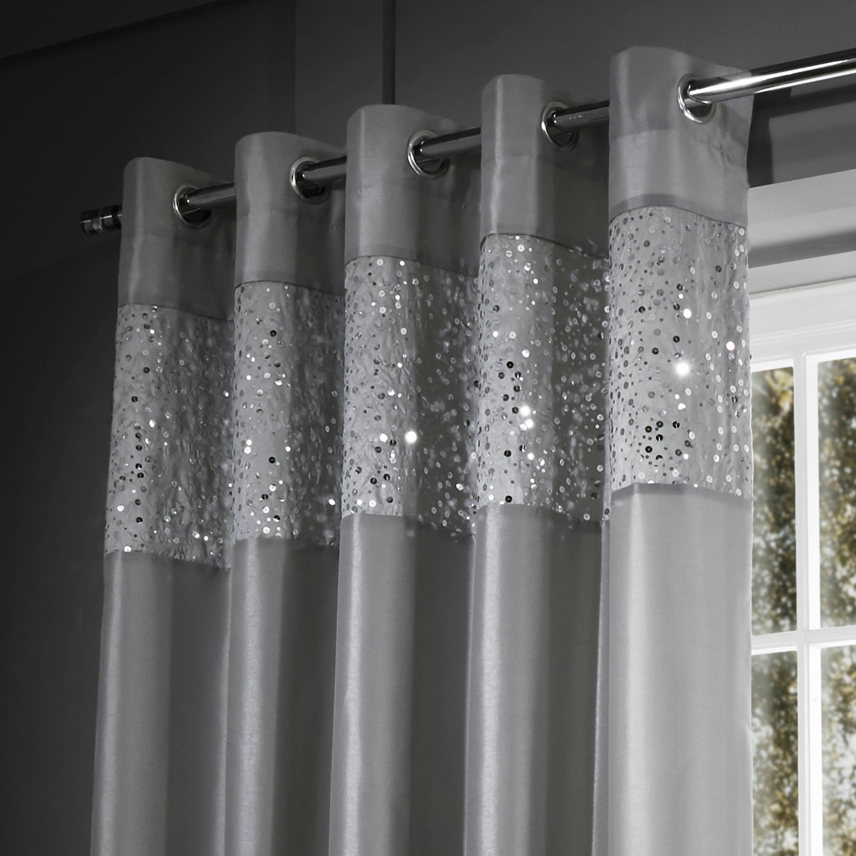Catherine Lansfield Grey Glitzy Sequin Lined Eyelet Curtains - 90X90 Inch