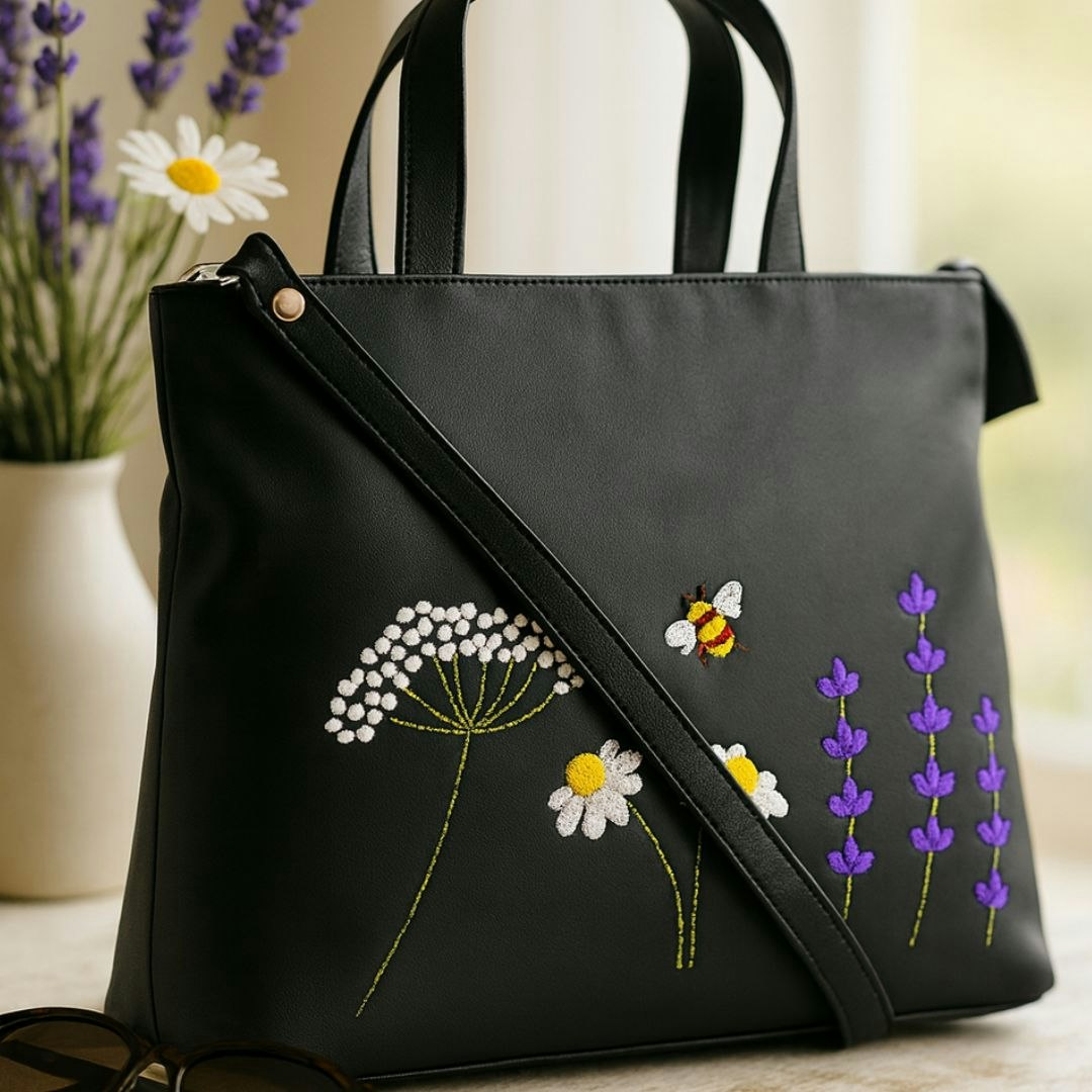 Mala Leather Black Blossom Floral & Bee Multiway Leather Grab Bag