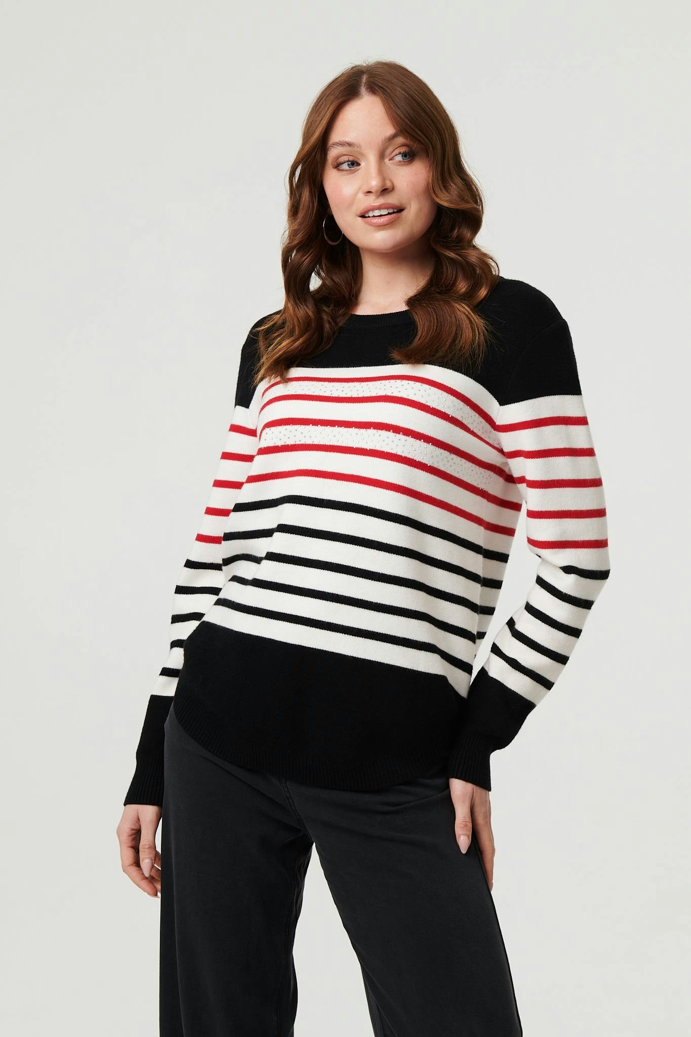 Izabel London Black Diamante Trim Striped Jumper - 8