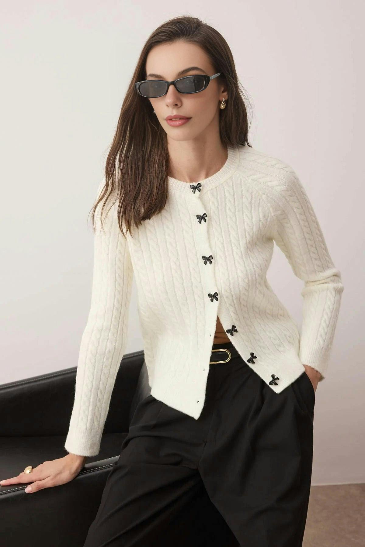 Wovcor Soft-Textured Knit Cardigan With Ribbon Buttons Detail - Ecru - S