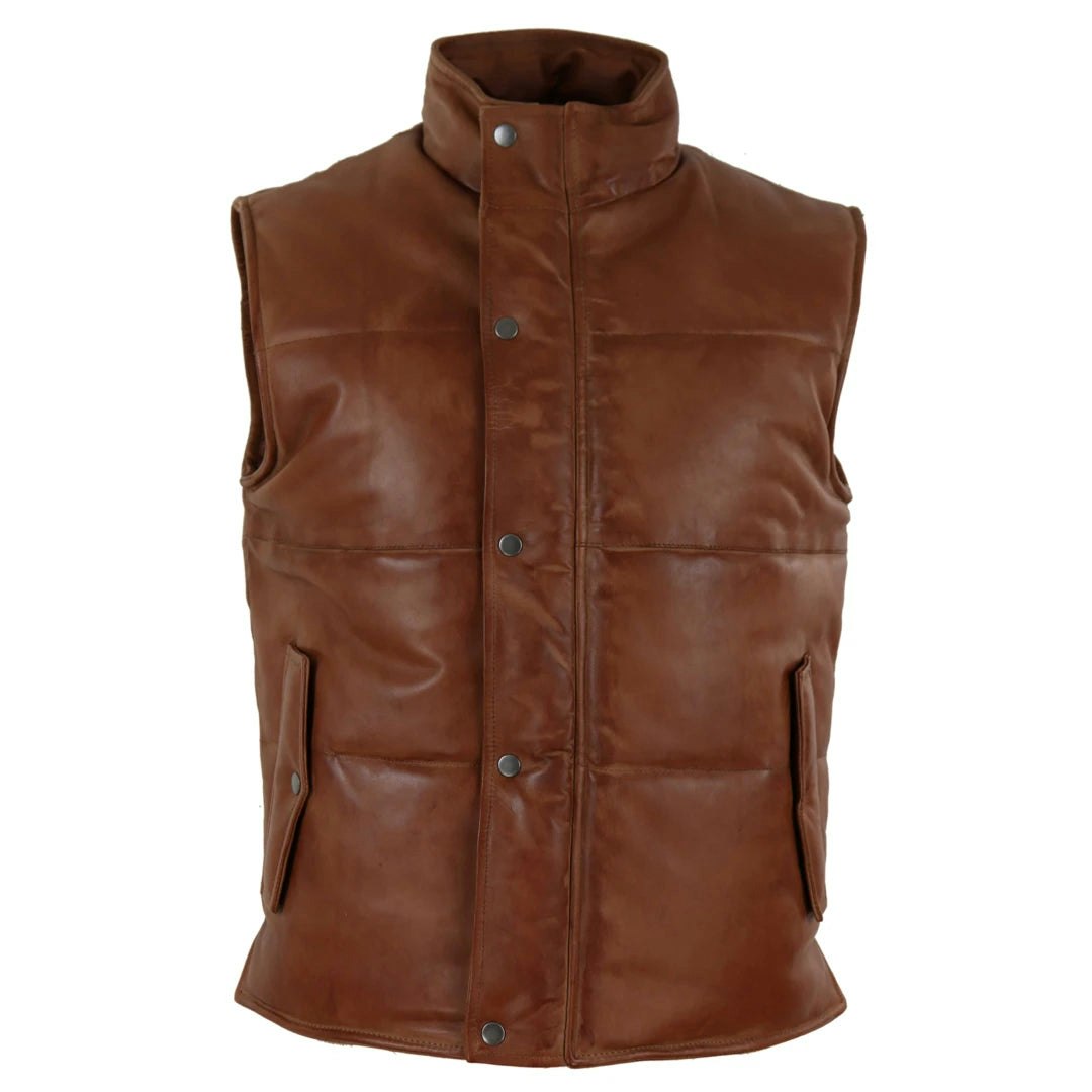 Infinity Leather Men's Leather Company Leather Waistcoat Gilet Quilted Puffer Warm Zip - Tan - Medium