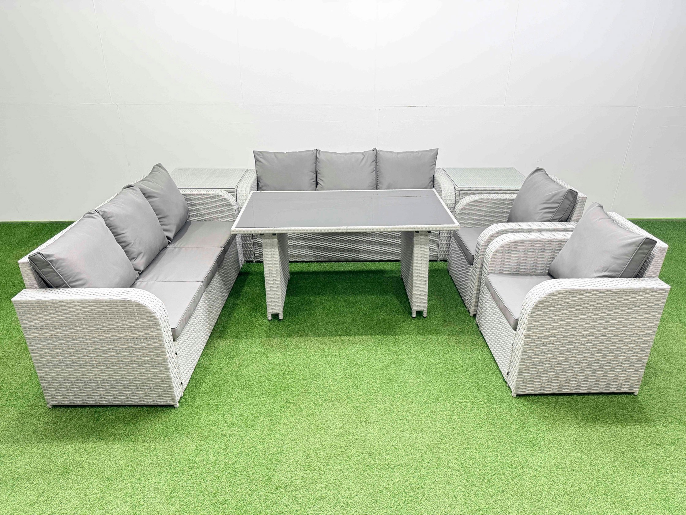 Rackhams Light/Grey 8 Seater Wicker Pe Rattan Furniture Outdoor Dining Table 3 Seater Sofa Reclining Chair Set With 2 Side Tables