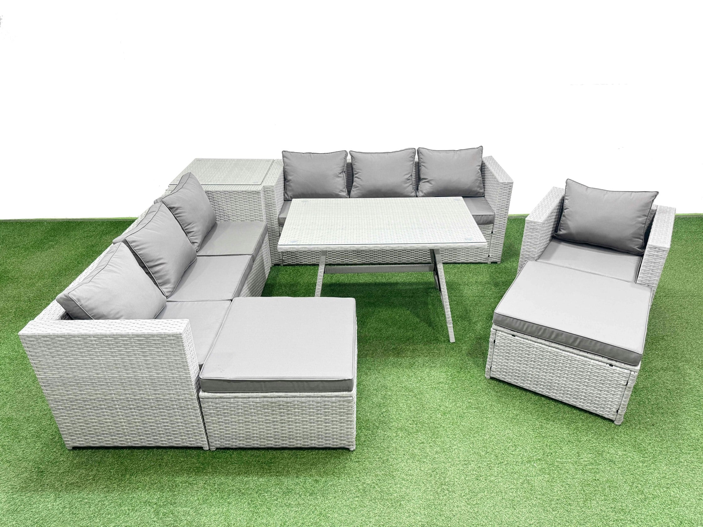 Rackhams Light/Grey/Dark Outdoor Rattan Garden Furniture Dining Set 9 Seater Patio Rectangular Table 3 Seater Sofa Armchair Set With Side Table 2 Big Stools