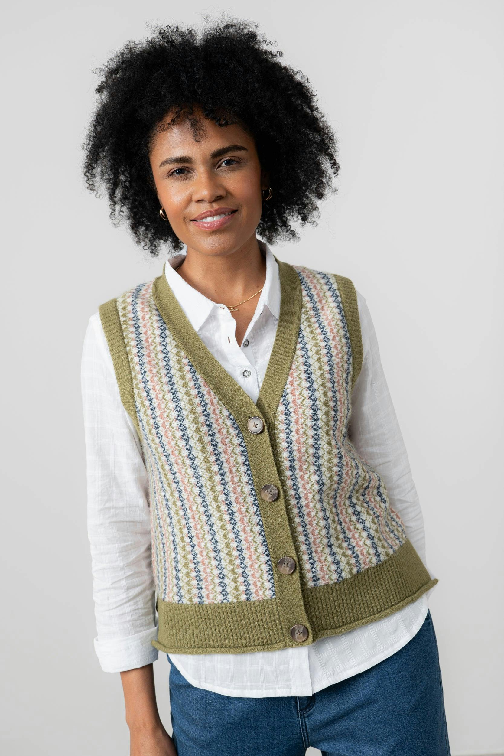 Lily & Me Gwyneth Fair Isle Sleeveless Cardigan Moss - 20 - Moss