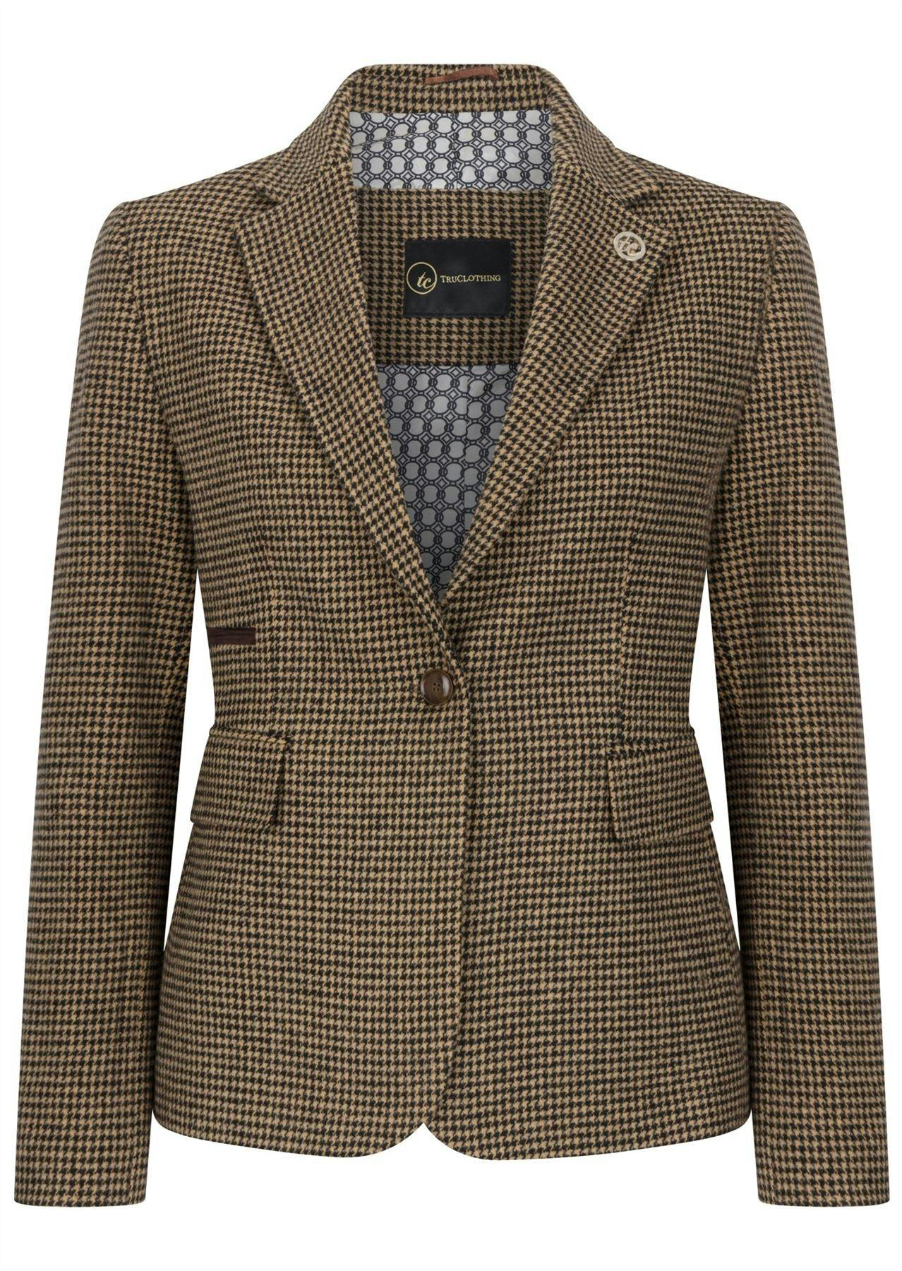 Truclothing Women's Brown Tailored Dogtooth Wool Blend Tweed Blazer - Uk S/10 | Eu 36 | Us 6